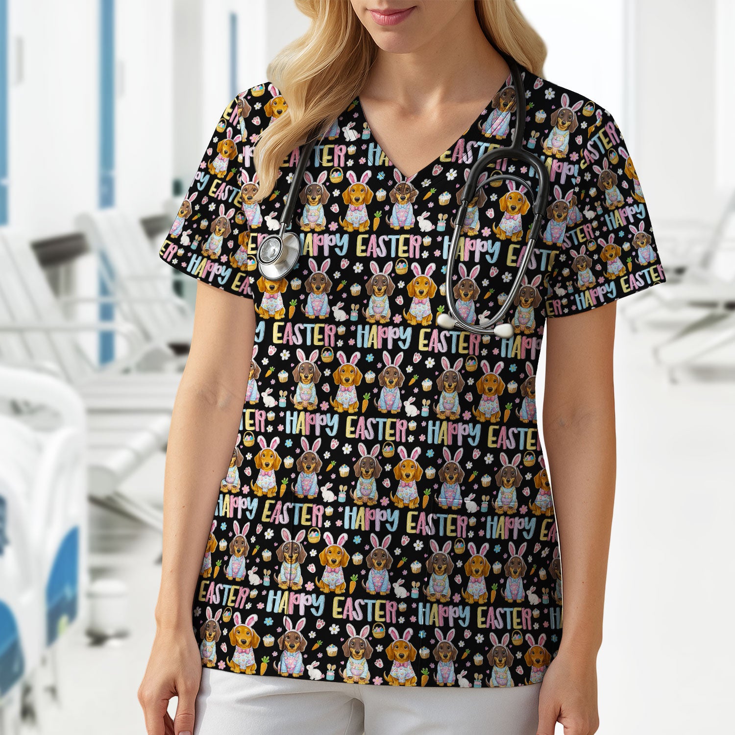 Happy Easter Dachshund Bunny Print Scrub Top, Comfortable Scrubs for Nurses