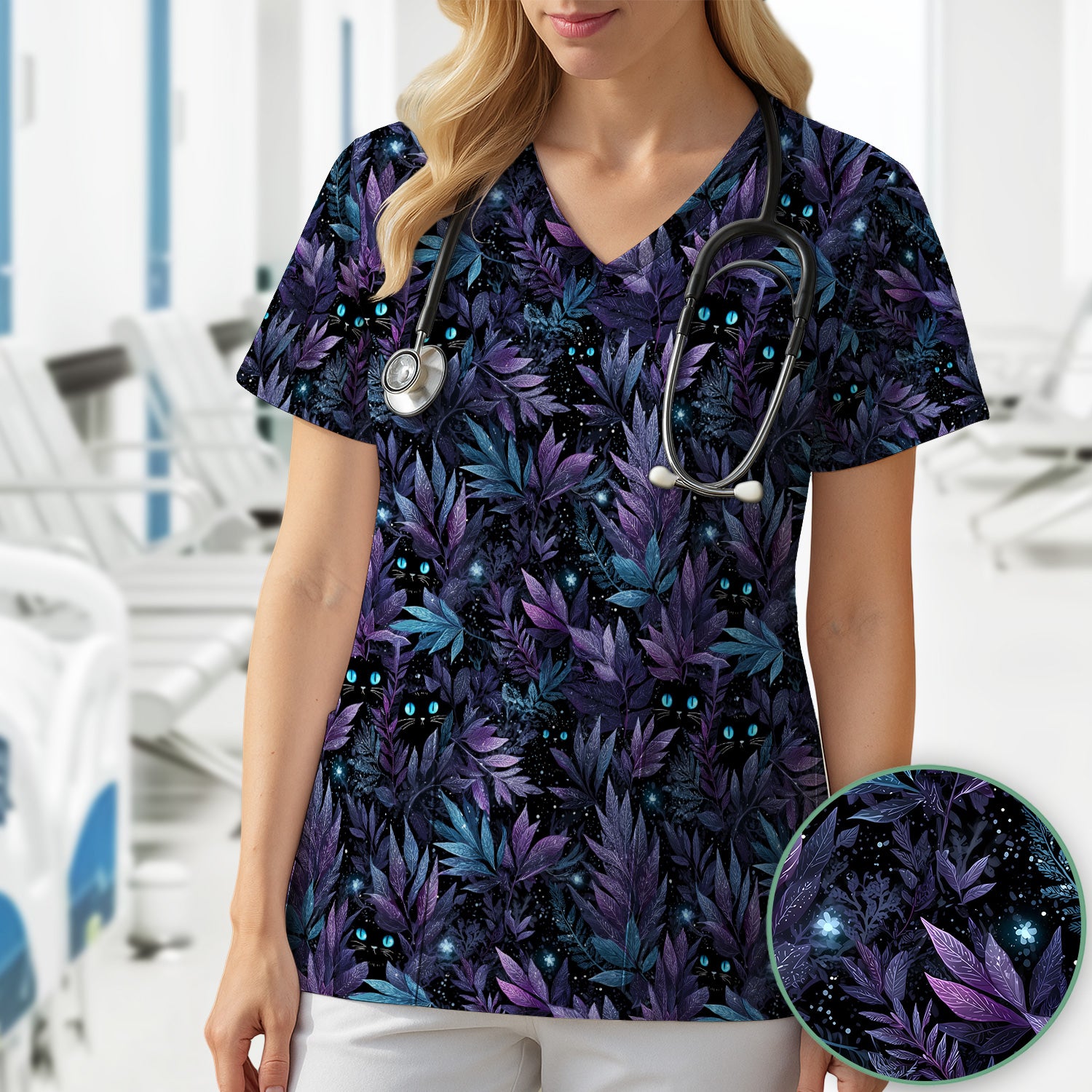 Mystic Black Cat Veterinary Pattern Scrub Top, Comfortable Scrubs for Nurses