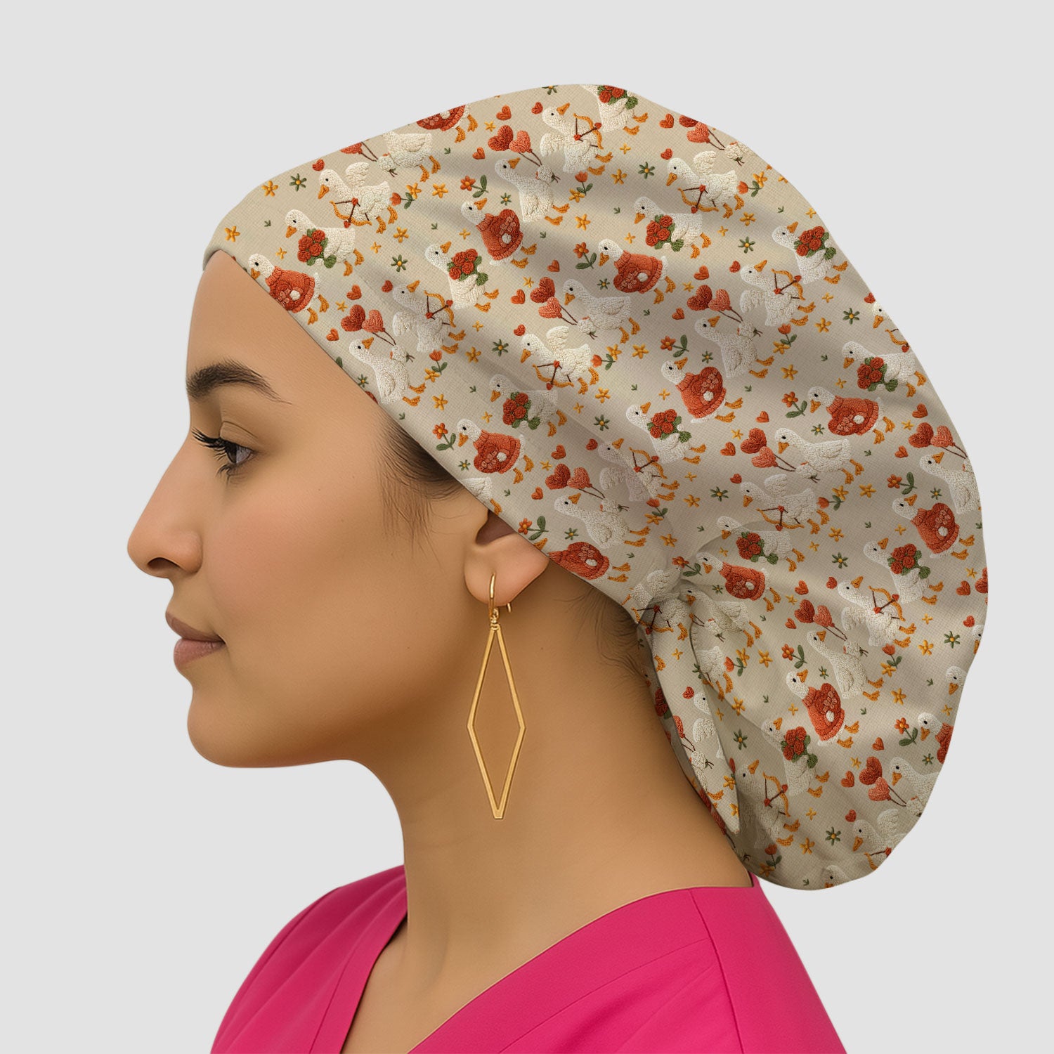 Cute Goose Nurse Scrub Cap, Valentine Farm Medical Pattern Hat, Breathable Fabrics Nursing Uniform