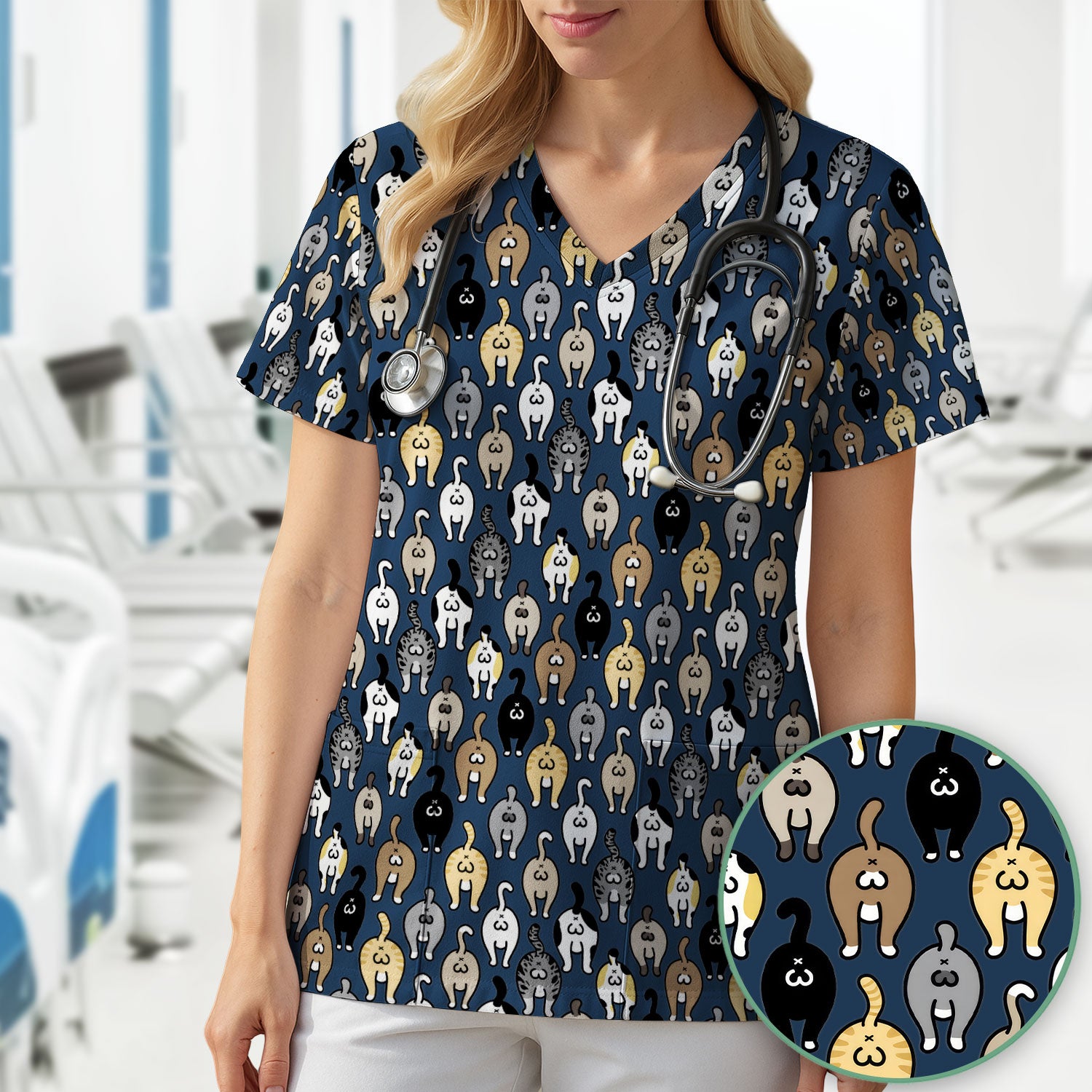 Cat Lover Nurse Scrub Top, Funny Cat Butt Pattern Medical Shirt, Breathable Fabrics Nursing Uniform