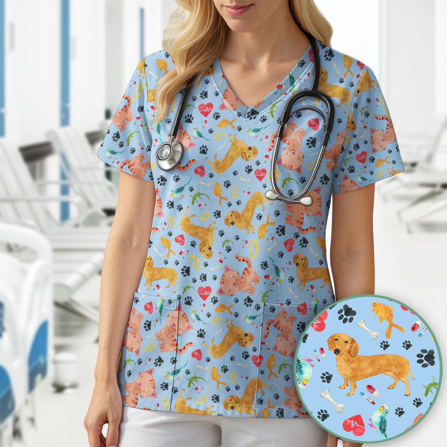 Cat Dog Veterinary Scrub Top - Cute Animal Paw Print Medical Shirt - Adorable Nurse Scrubs for Women RN CNA Vet Tech