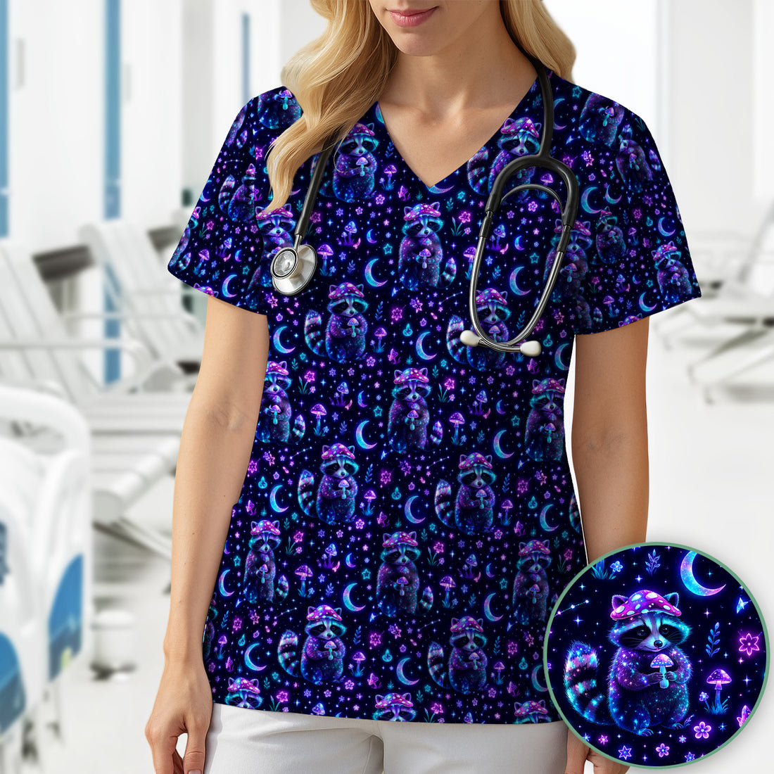 Neon Mushroom Raccoon Moonlight Pattern Scrub Top, Comfortable Scrubs for Nurses