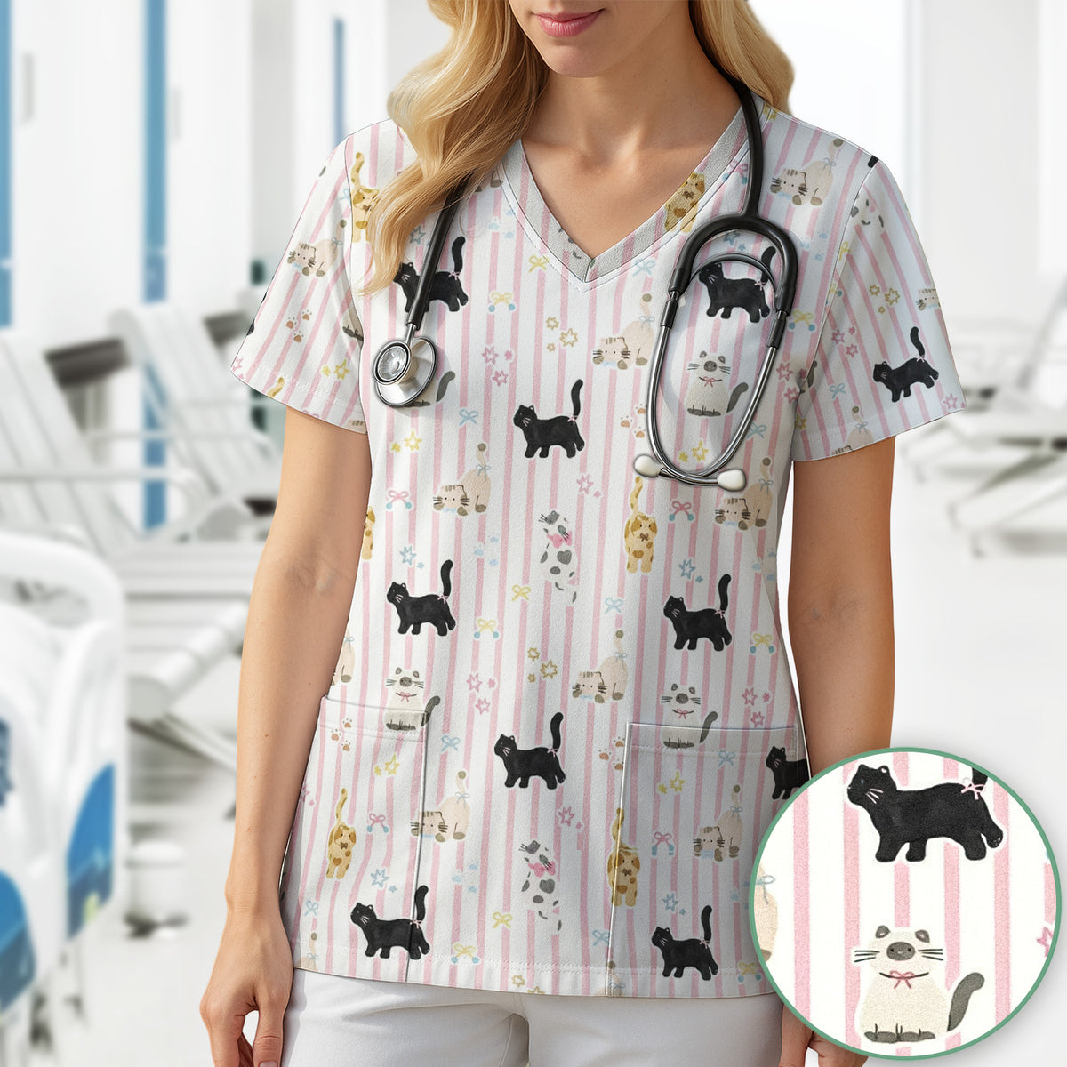 Cute Playful Cat Stripe Ribbon Pattern Scrub Top, Breathable Fabrics Nursing Uniform