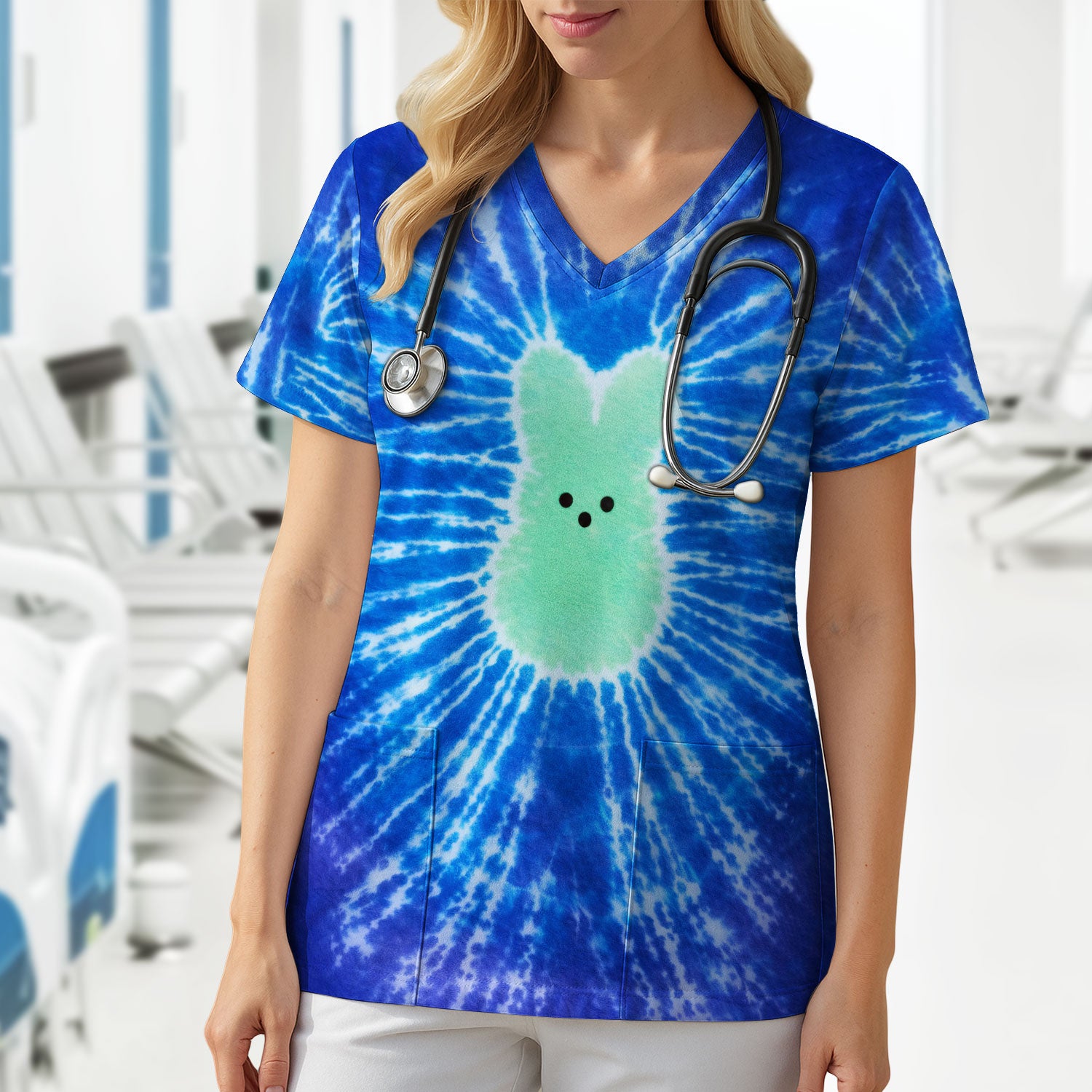 Easter Peep Tie Dye Scrub Top, Easter Bunny Nurse Shirt For Women, Breathable Fabrics Nursing Uniform