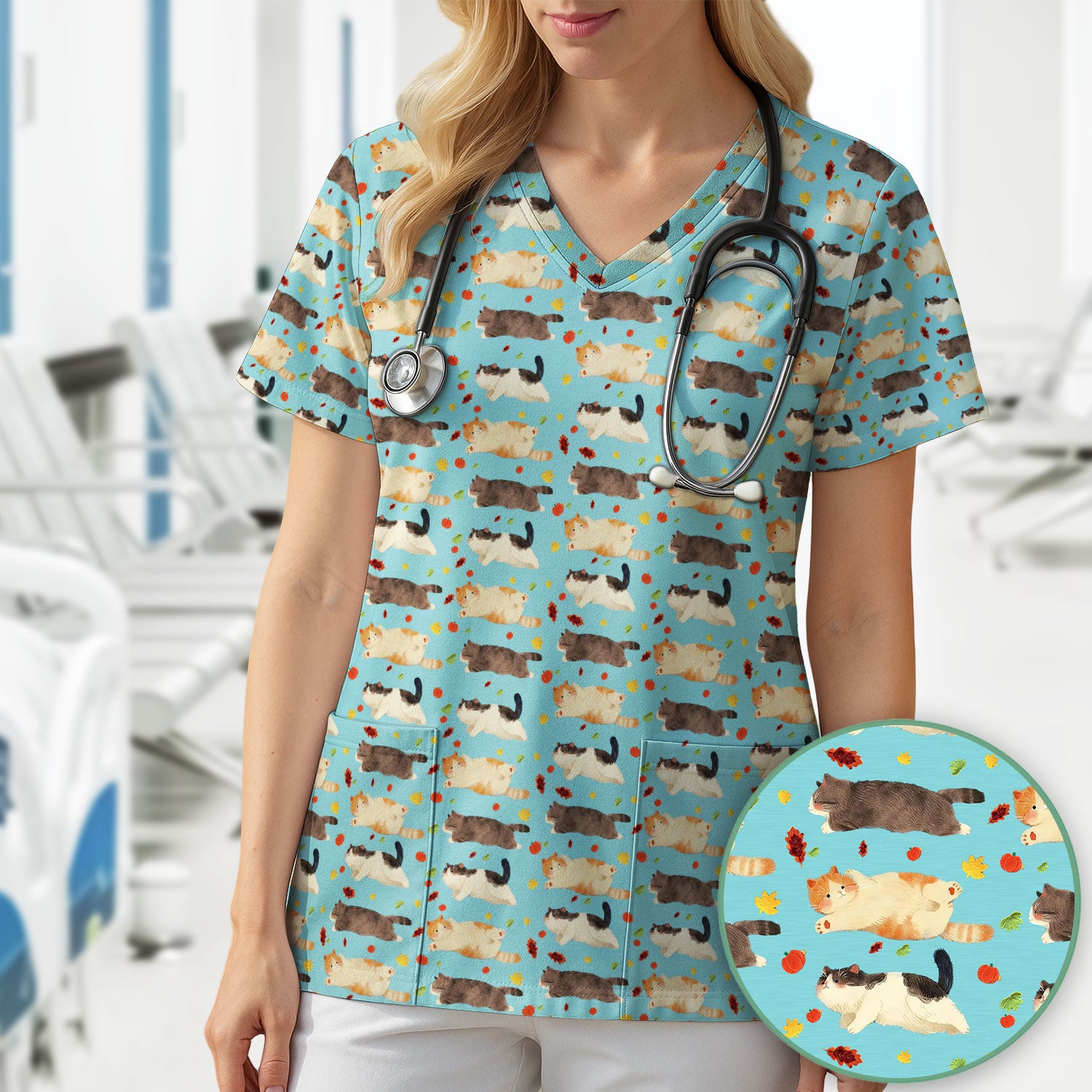 Chubby Cat Autumn Leaves Print Scrub Top, Breathable Fabrics Nursing Uniform
