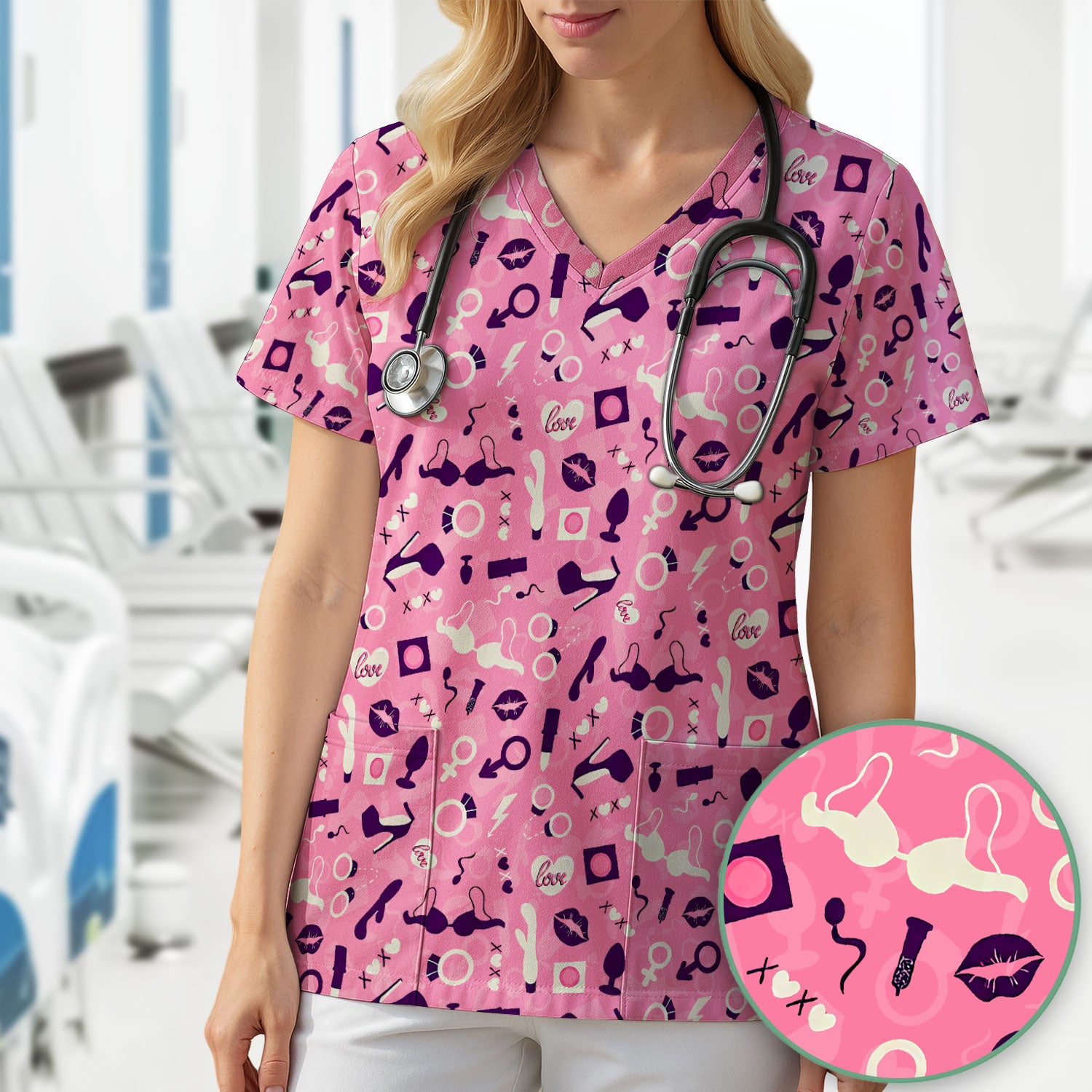 Valentine Pattern Nurse Scrub Top, Pink Love Nurse Shirt, Breathable Fabrics Nursing Uniform