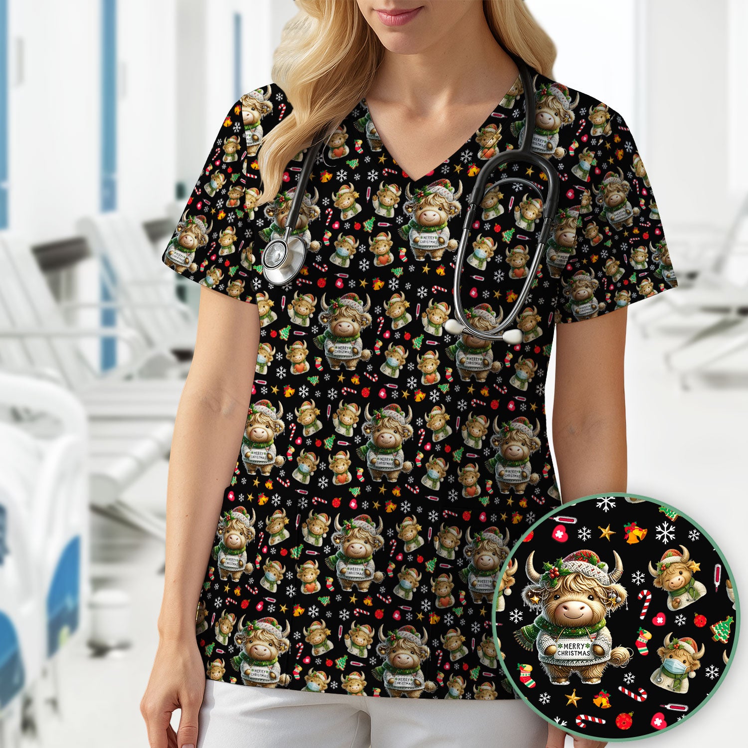 Highland Cow Christmas Scrub Top, Festive Cow Nurse Shirt With Holiday Pattern, Cute Medical Uniform For Women