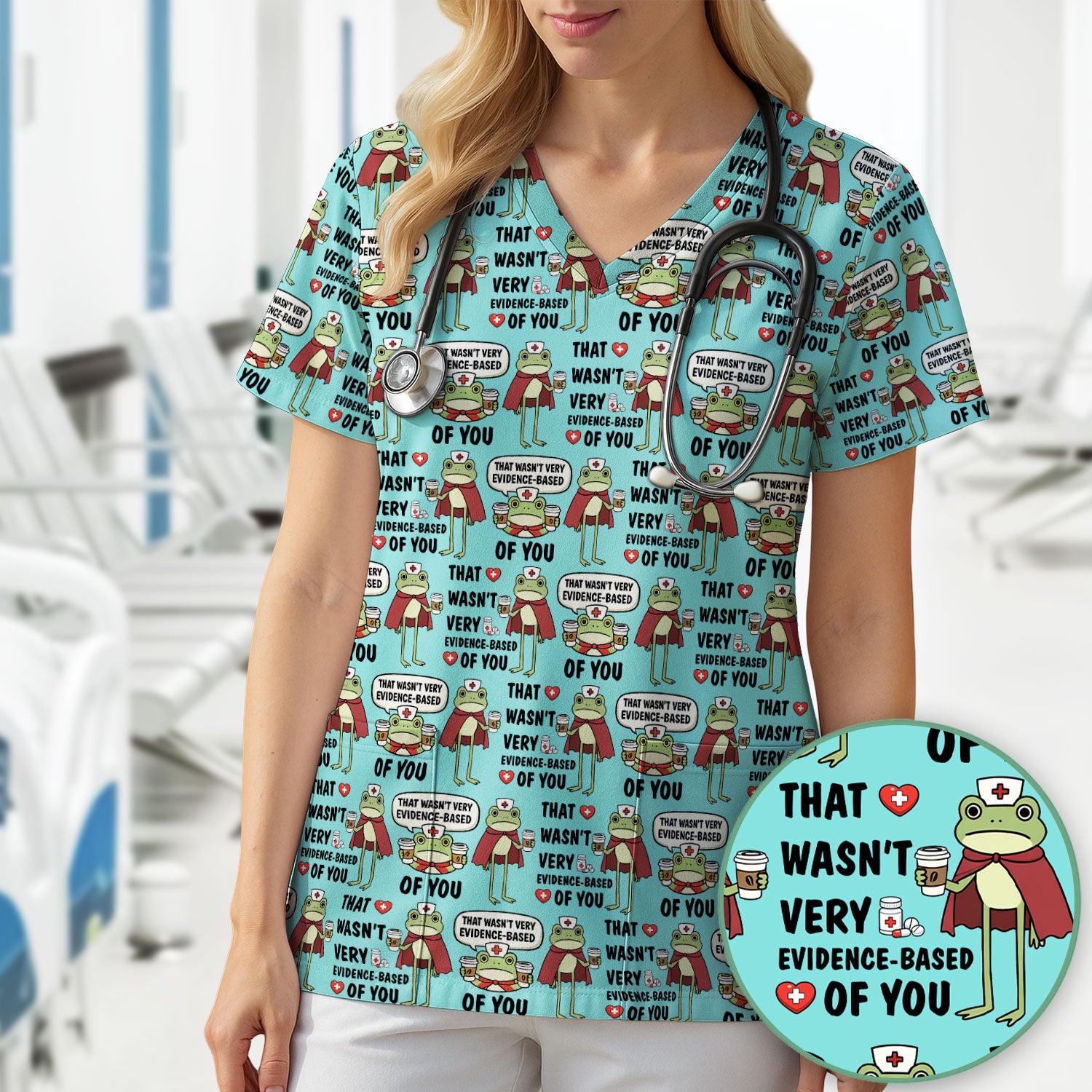 Funny Frog Nurse Quote Medical Pattern Scrub Top, Breathable Fabrics Nursing Uniform