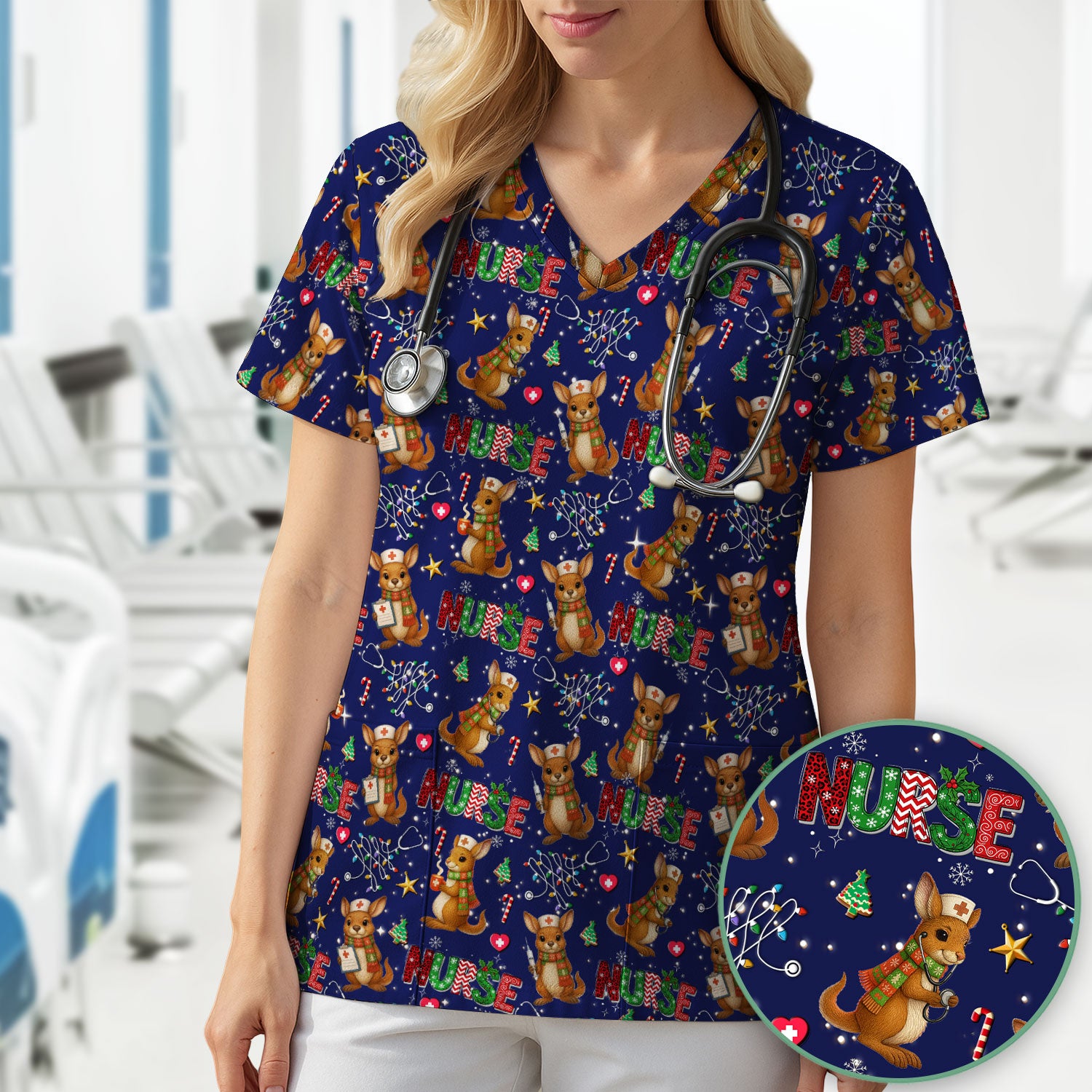 Christmas Kangaroo Nurse Scrub Top - Cute Aussie Holiday Medical Uniform - Funny Xmas Scrubs for Women