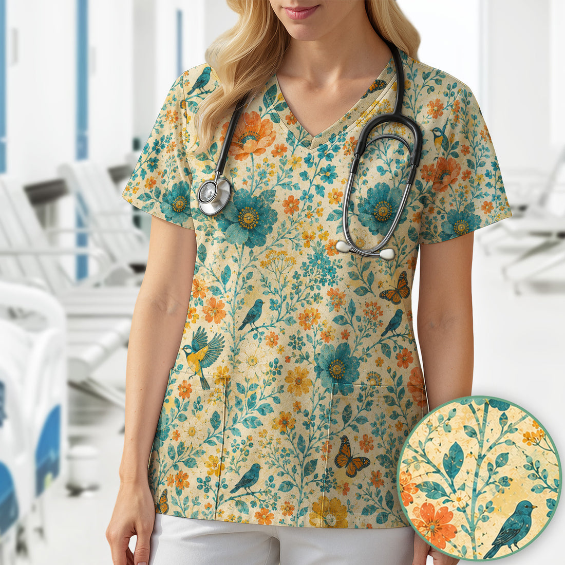 Vintage Floral Bird Nurse Scrub Top for RN, CNA, Healthcare Workers, Botanical Uniform