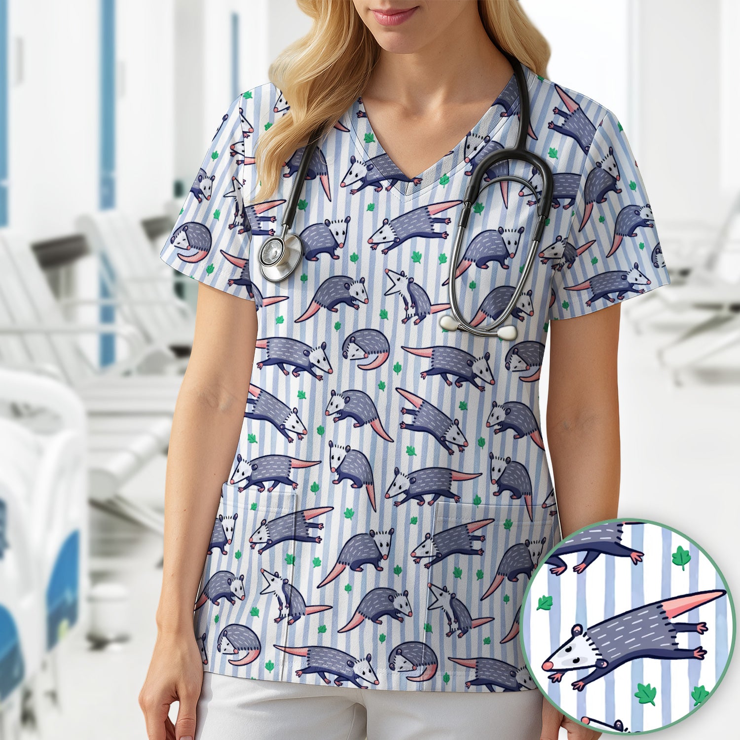 Cute Opossum Blue Stripe Pattern Scrub Top, Breathable Fabrics Nursing Uniform