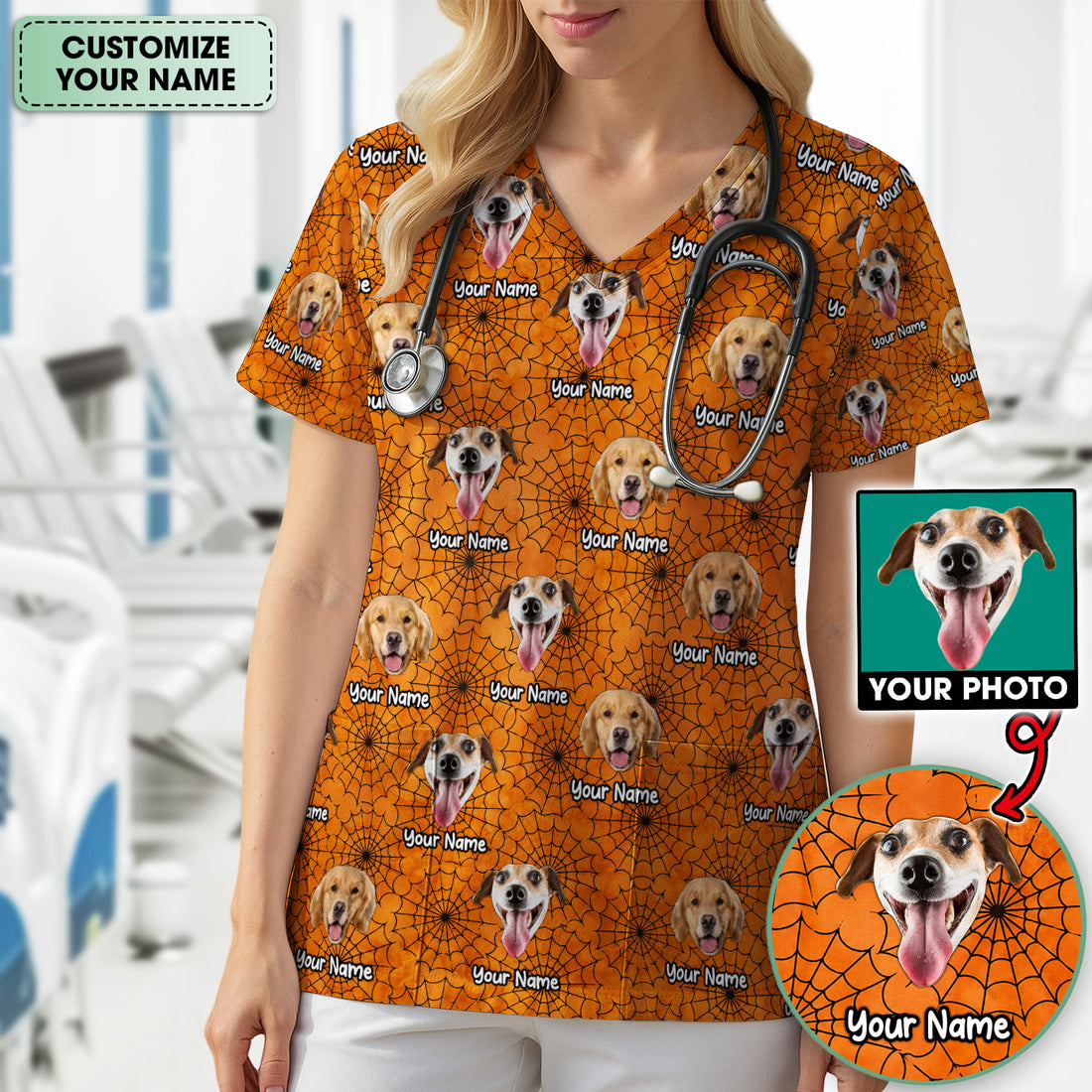 Personalized Halloween Dog Photo Spiderweb Scrub Top, Comfortable Scrubs for Nurses