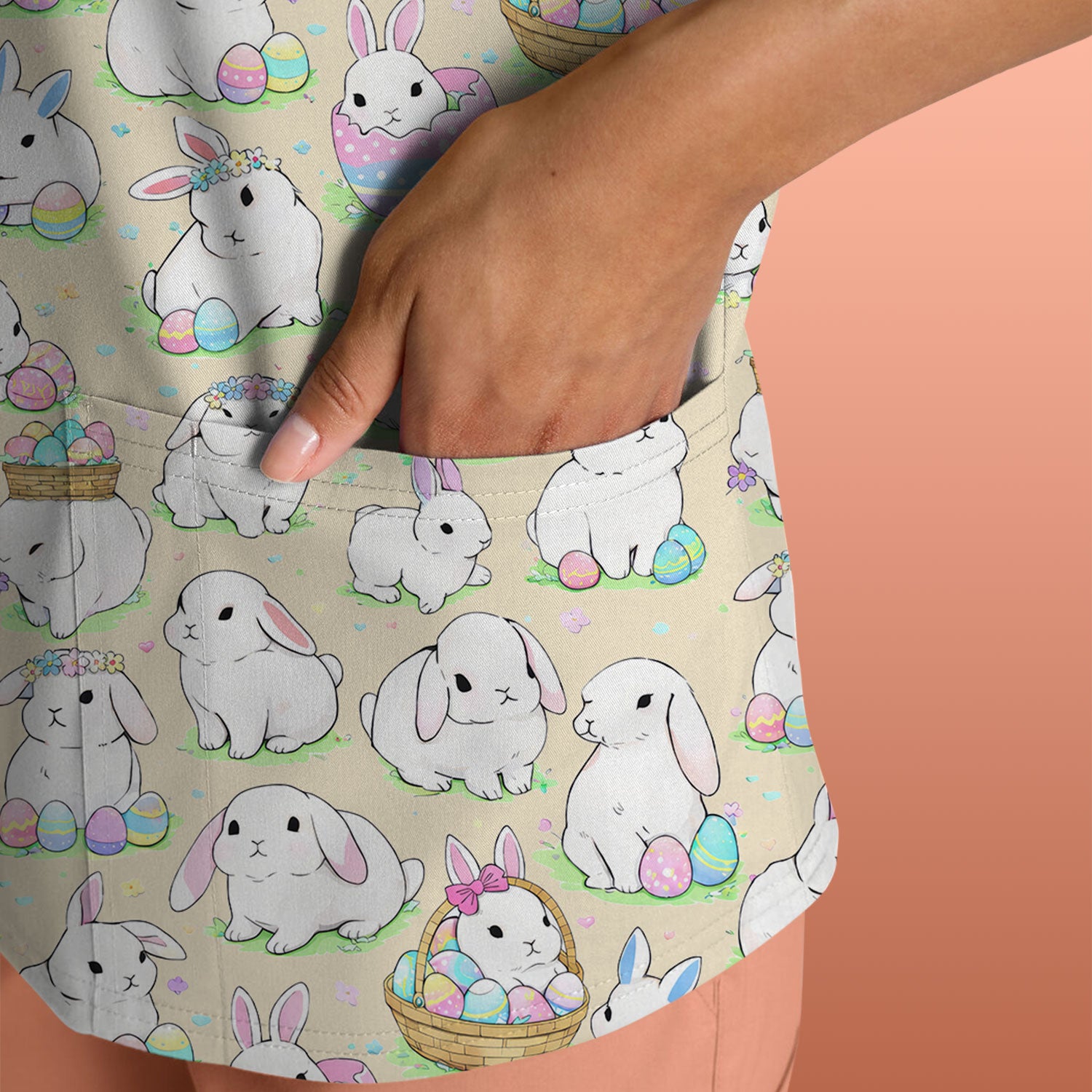 Cute Easter Bunny Egg Pattern Scrub Top, Comfortable Scrubs for Nurses