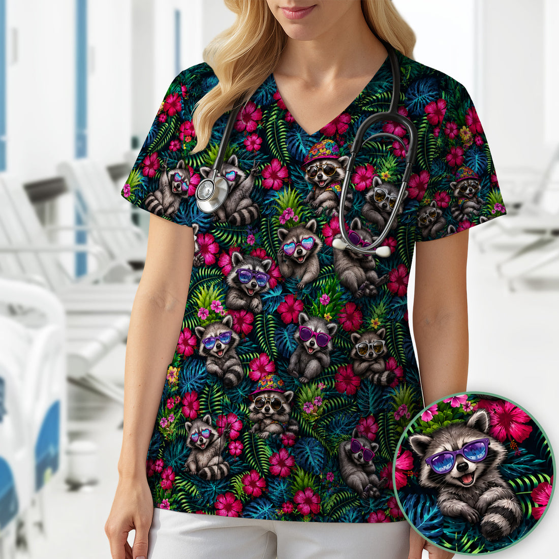 Tropical Raccoon Nurse Floral Pattern Scrub Top, Comfortable Scrubs for Nurses