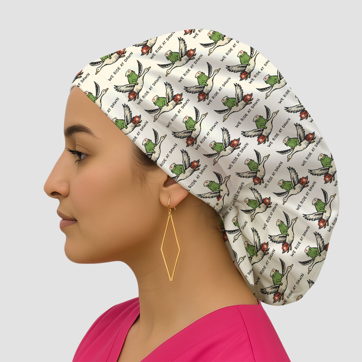 Funny Frog Riding Goose Nurse Pattern Cap, Bouffant Scrub Caps for Women