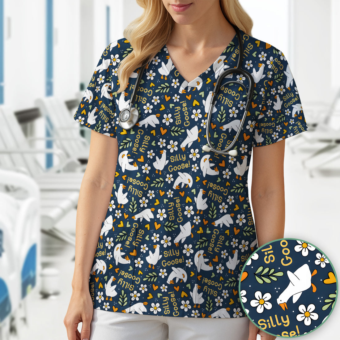 Silly Goose Floral Pattern Scrub Top, Comfortable Scrubs for Nurses