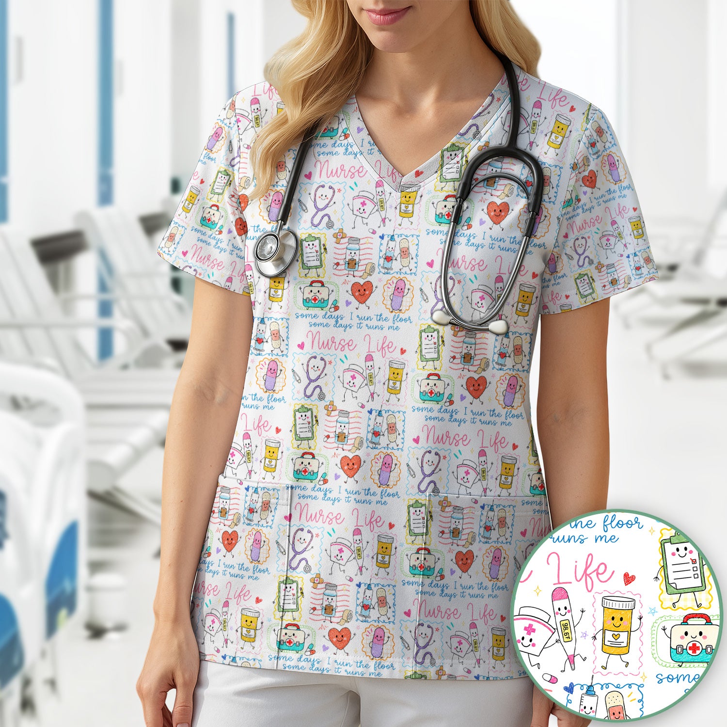 Cute Nurse Life Doodle Pediatric Nurse Scrub Top, Comfortable Scrubs for Nurses