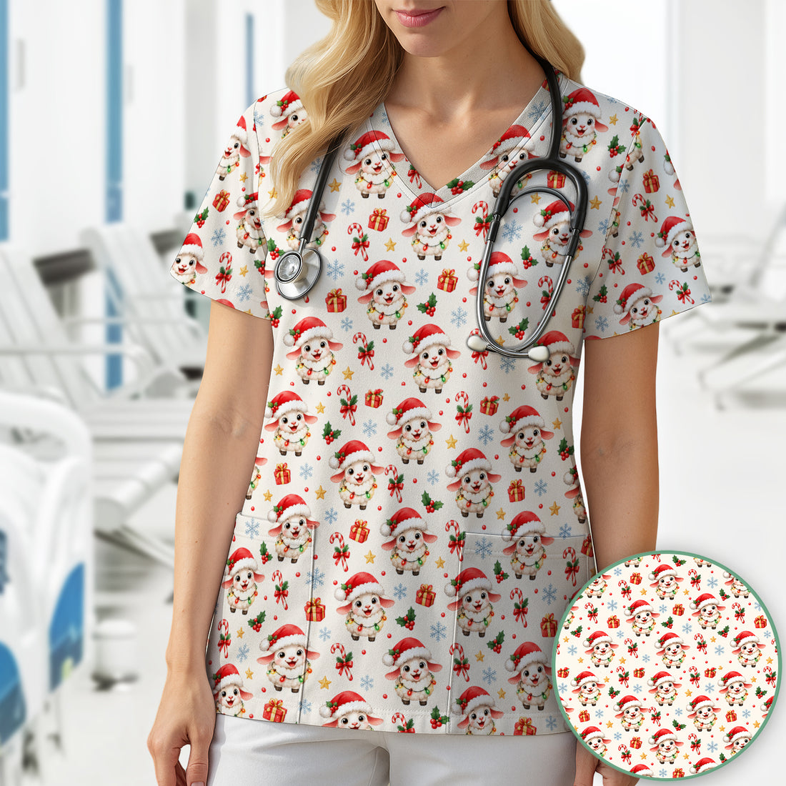 Christmas Lamb With Lights Scrub Top, Comfortable Scrubs for Nurses