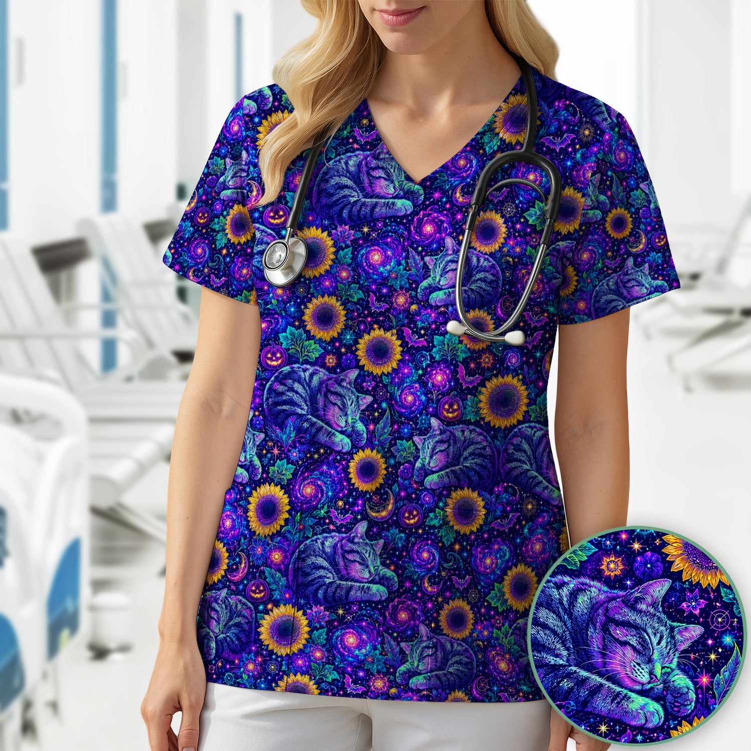 Spooky Galaxy Cat And Sunflowers Scrub Top, Comfortable Scrubs for Nurses