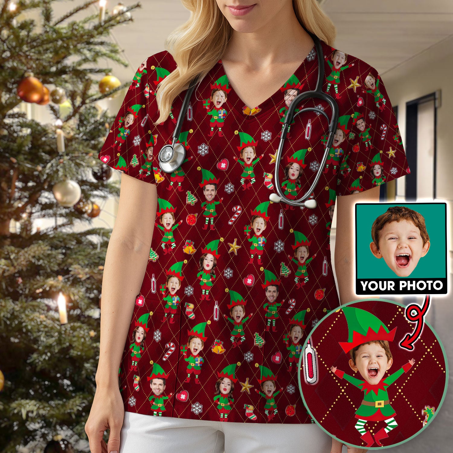 Personalized Face Nurse Shirt, Custom Photo Christmas Scrub Top, Funny Holiday Medical Uniform For Nursing