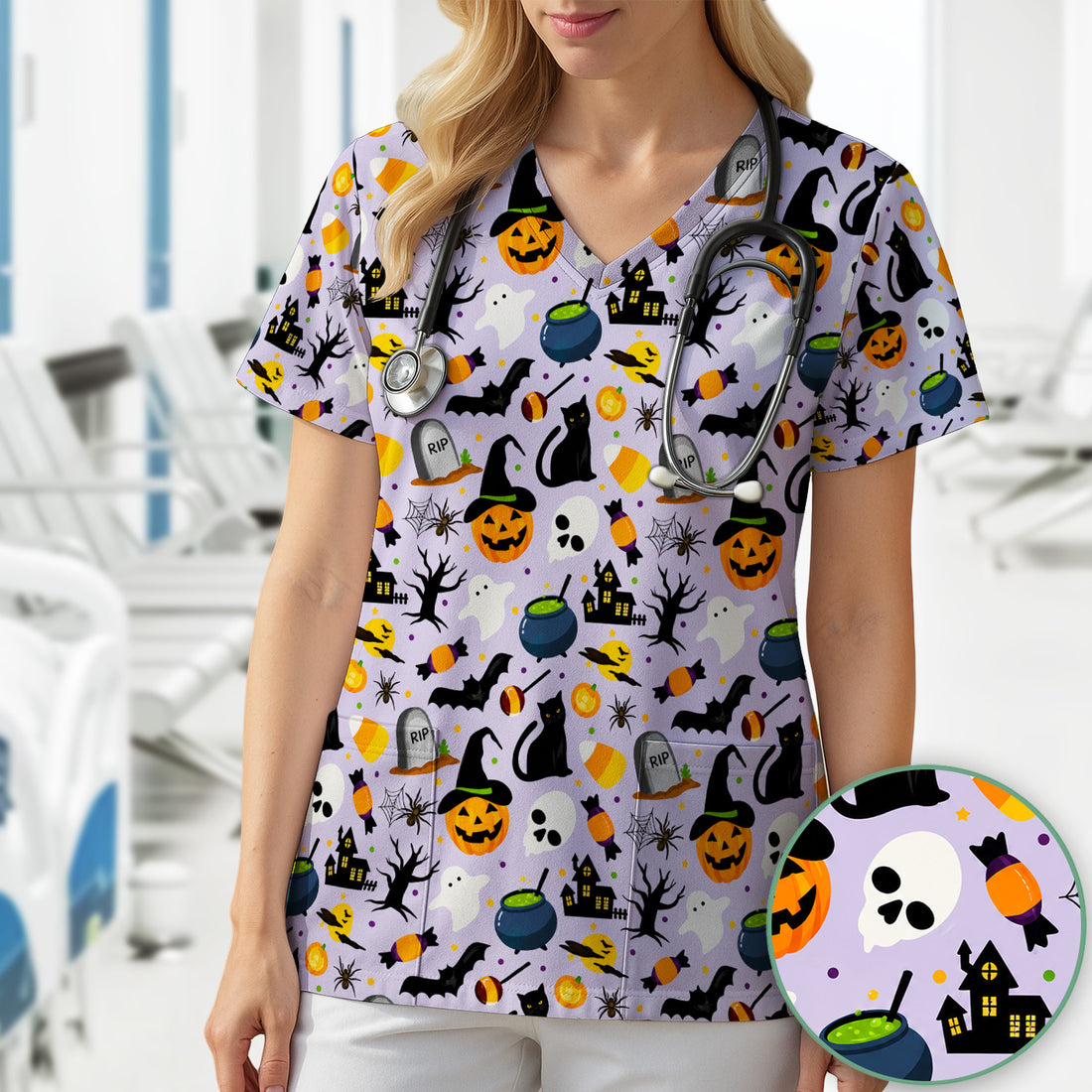 Ghost Pumpkin Witch Pattern Scrub Top, Comfortable Scrubs for Nurses