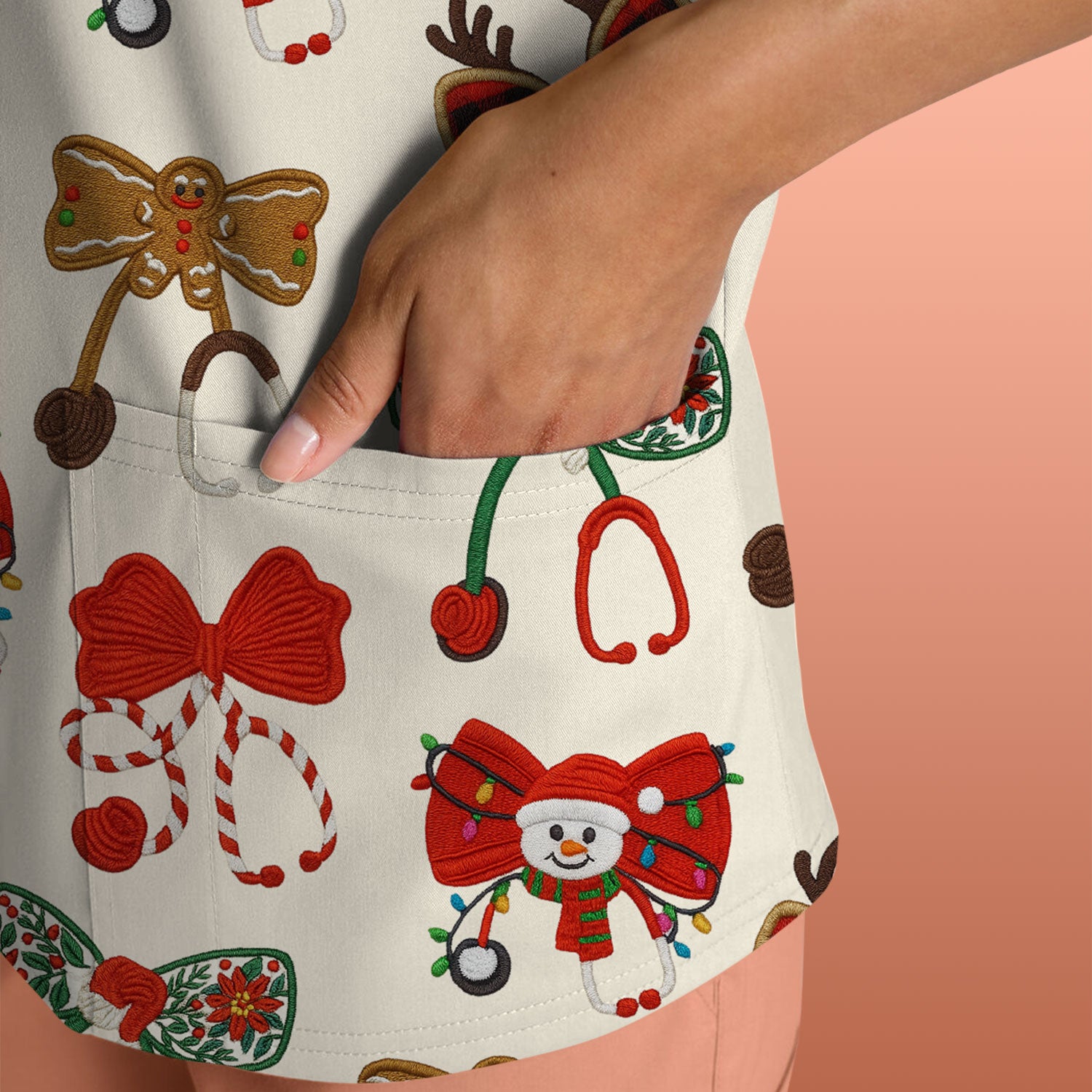 Christmas Stethoscope Bow Nurse Scrub Top, Xmas Pattern Scrub Shirt, Holiday Nursing Uniform