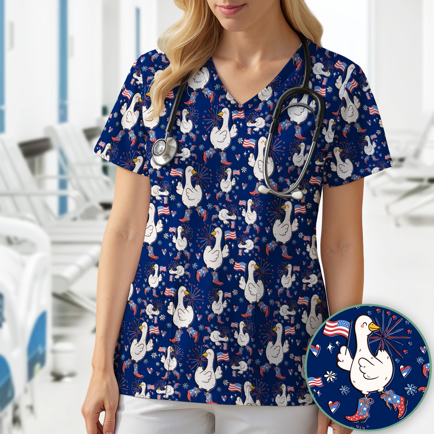 Patriotic Goose With USA Flag Fireworks Scrub Top, Comfortable Scrubs for Nurses