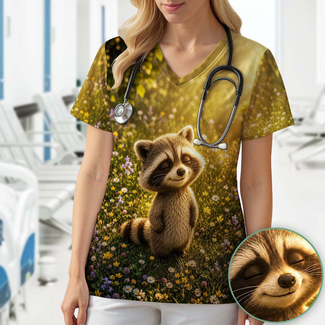 Smiling Raccoon Meadow Flower Pattern Scrub Top, Comfortable Scrubs for Nurses
