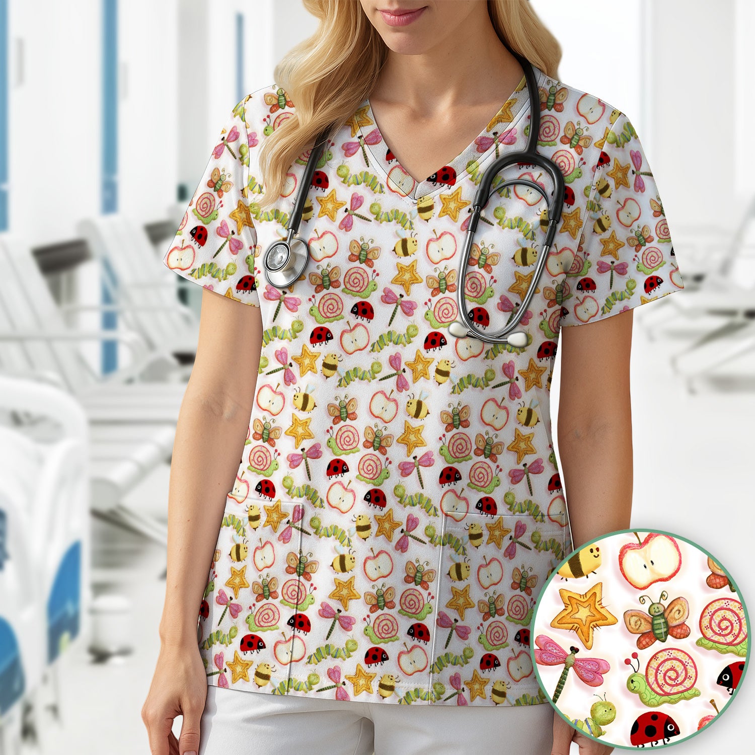 Cute Nurse Snail Ladybug Caterpillar Apple Garden Pattern Scrub Top, Breathable Fabrics Nursing Uniform