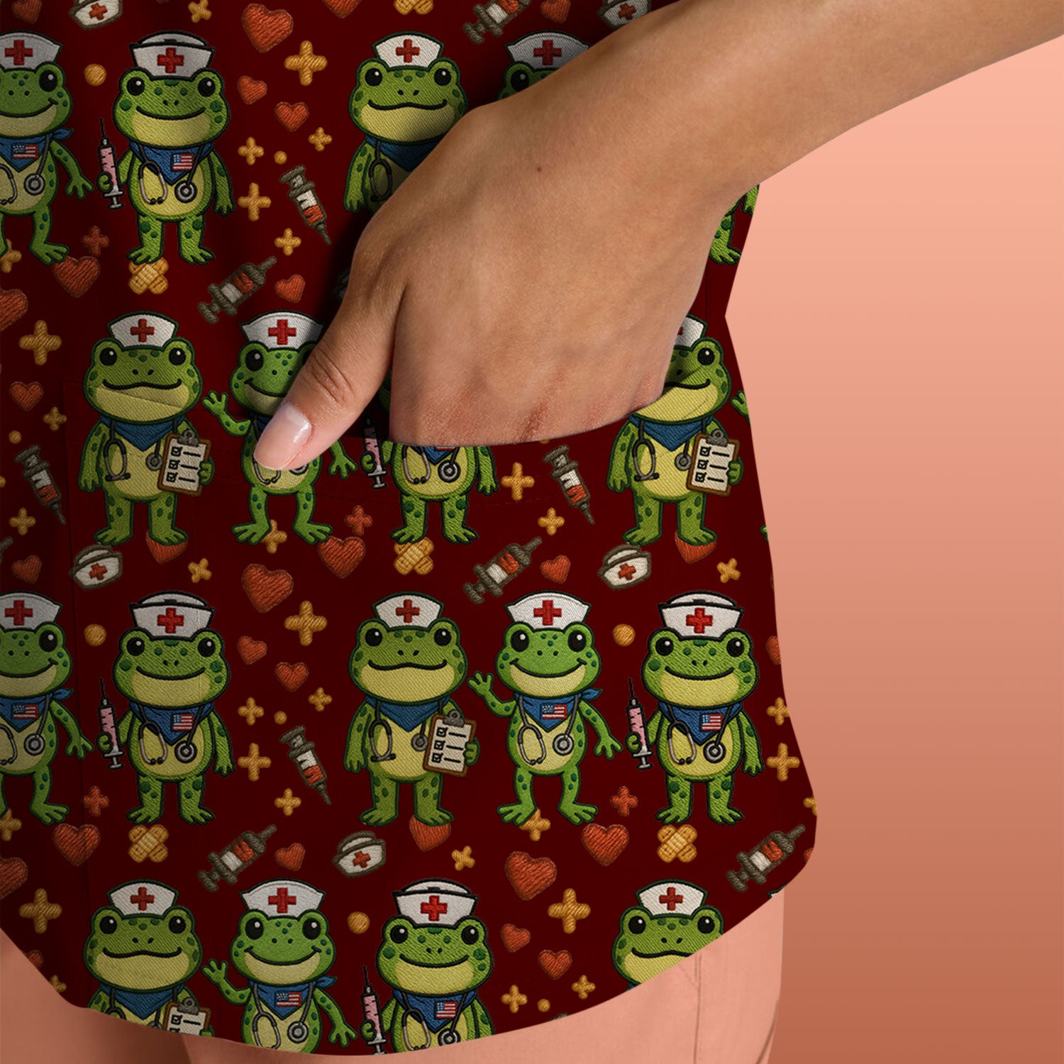 Frog Pattern Scrub Top, Cute Frog Scrub Shirt, Breathable Fabrics Nursing Uniform