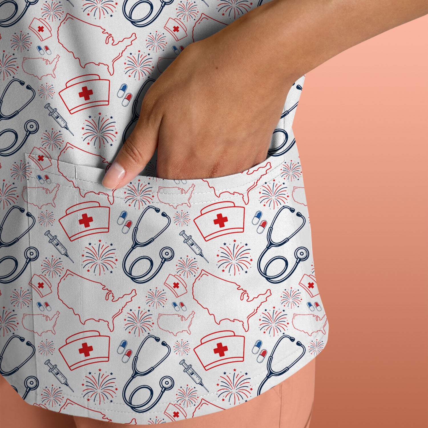 Patriotic Nurse Stethoscope Flag Pattern Scrub Top, Comfortable Scrubs for Nurses