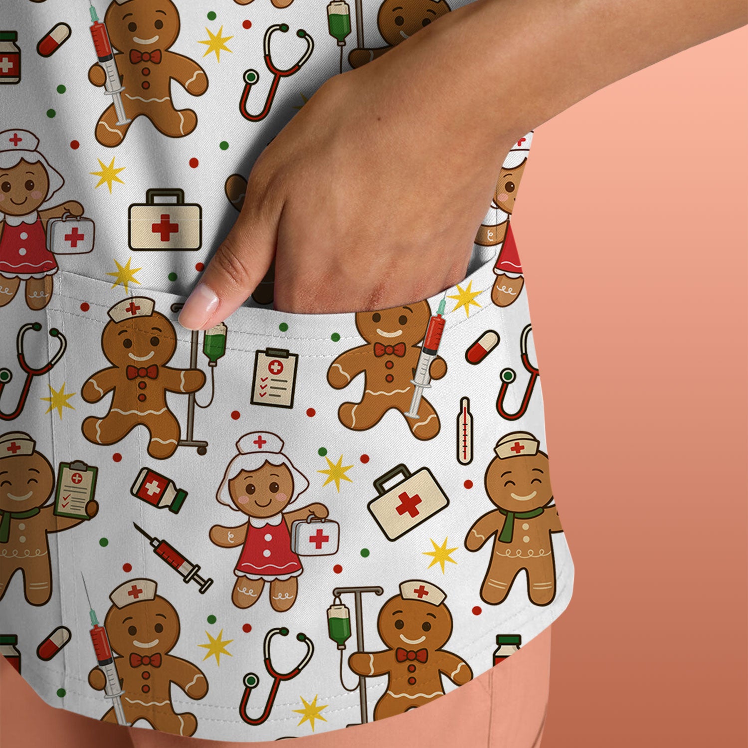 Gingerbread Christmas Nurse Scrub Top - Cute Holiday Cookie Pattern Shirt for Women - Funny Festive Nursing Gift for RN LPN CNA