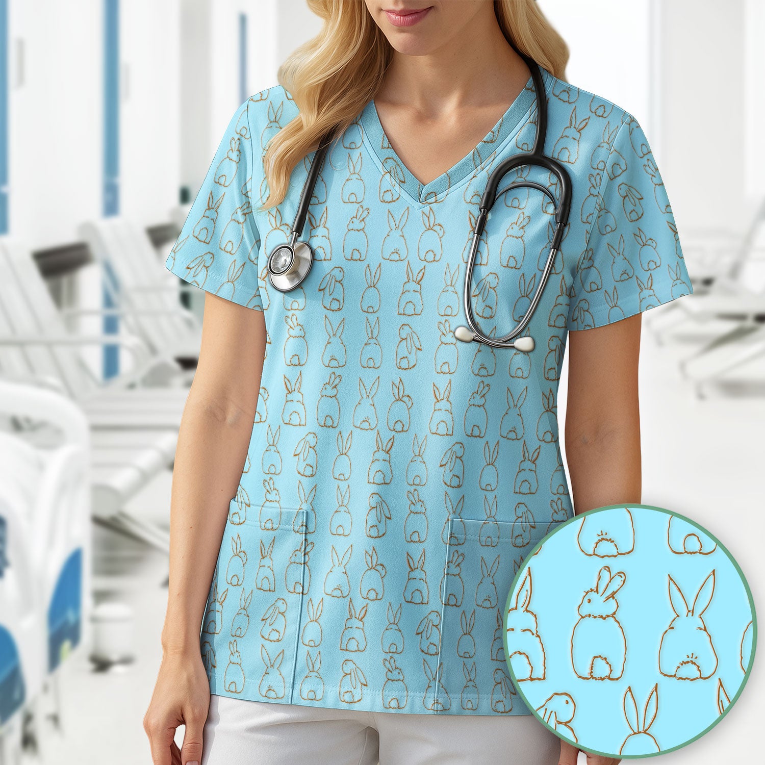 Cartoon Bunny Line Art Pattern Medical Scrub Top, Comfortable Scrubs for Nurses, Easter