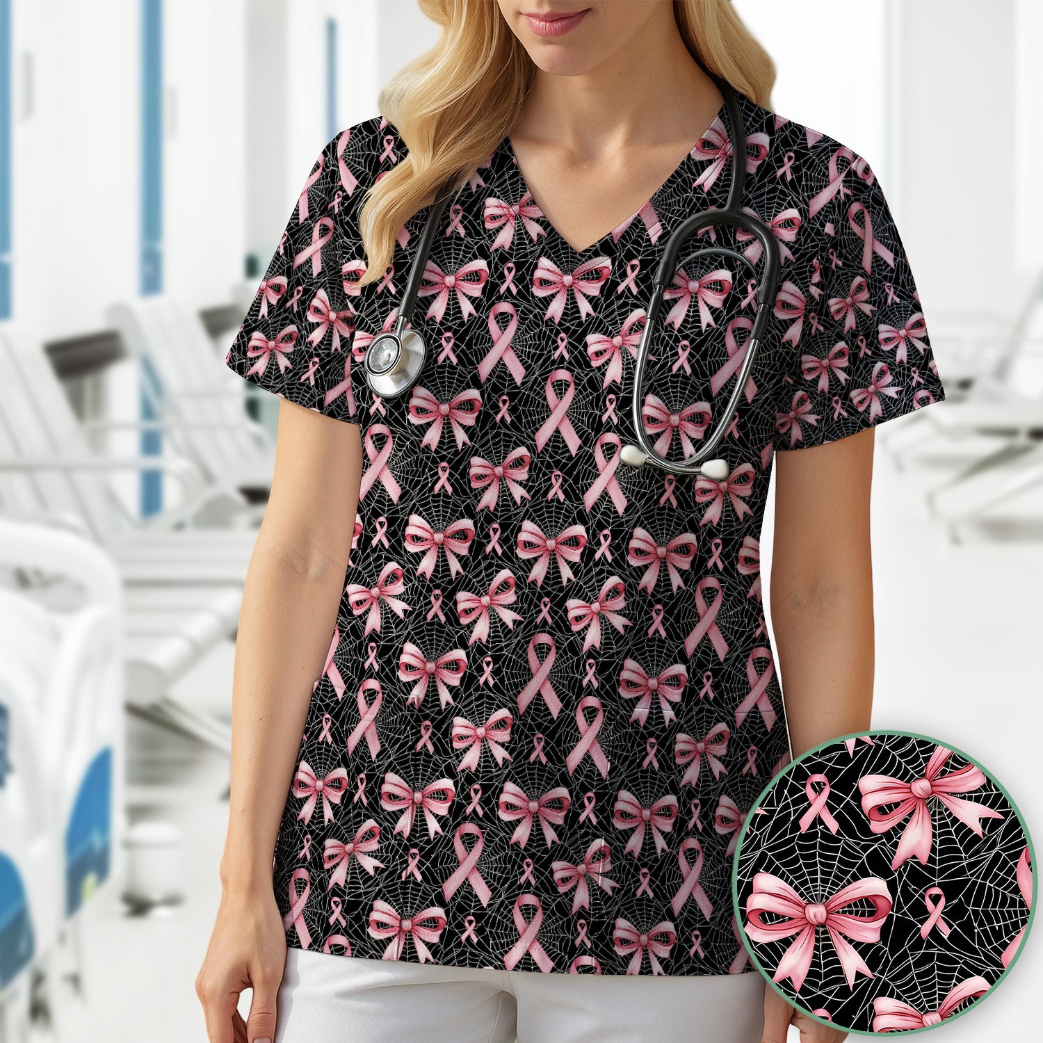 Pink Ribbon Pattern Scrub Top, Comfortable Scrubs for Nurses