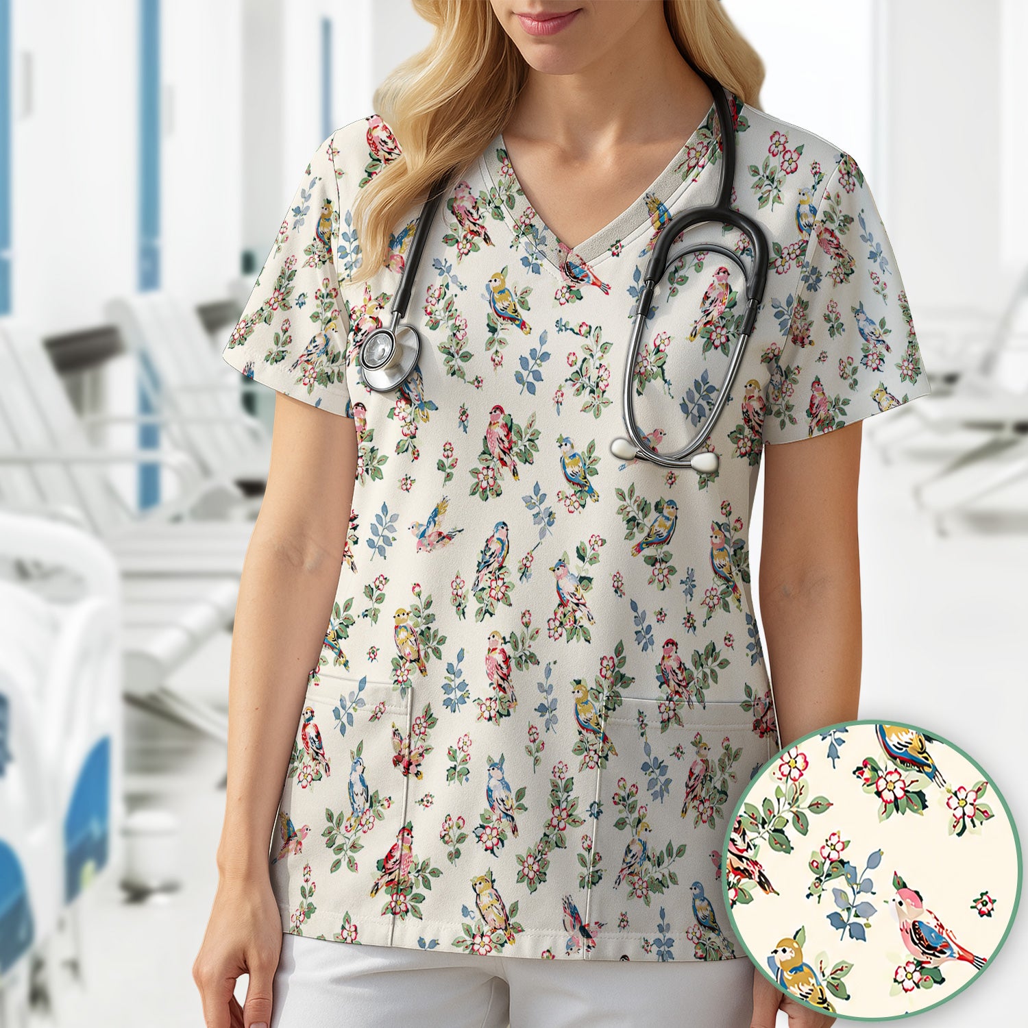 Cute Vintage Birds Blossom Pattern Scrub Top, Comfortable Scrubs for Nurses