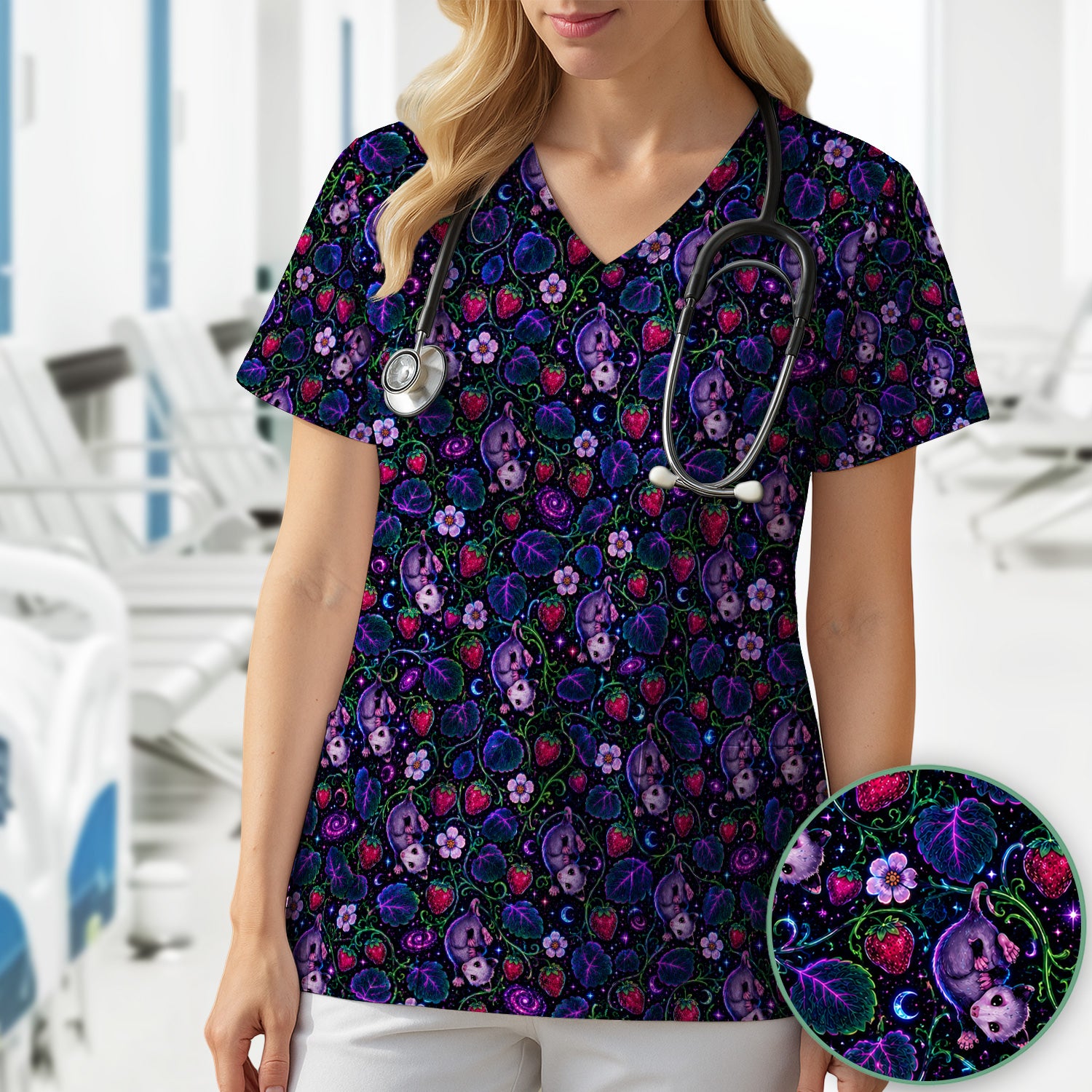 Galaxy Strawberry Opossum Pattern Scrub Top for RN, CNA, Veterinary Staff, Cat Lover Uniform