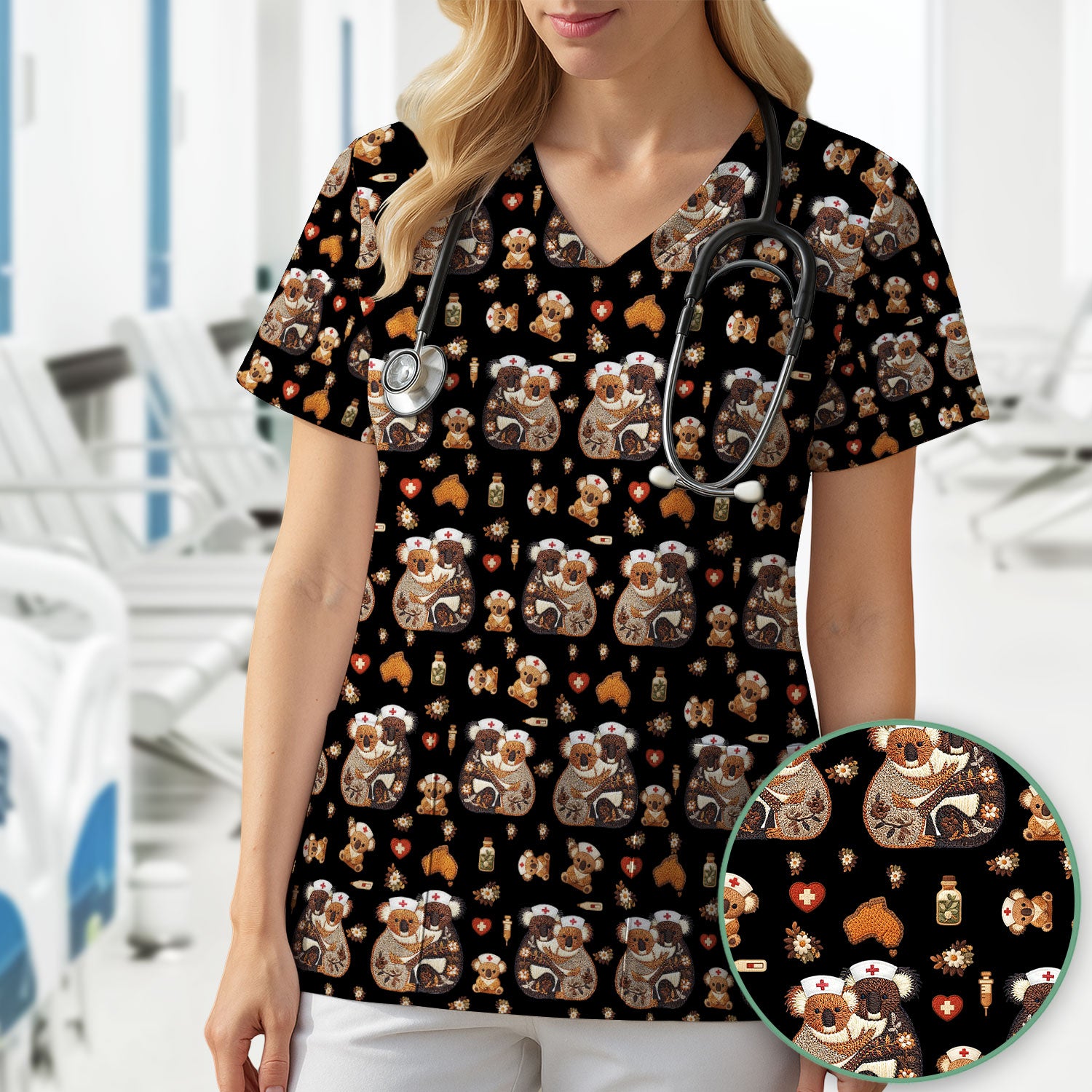 Cute Cartoon Koala Valentine Nurse Design Scrub Top, Breathable Fabrics Nursing Uniform