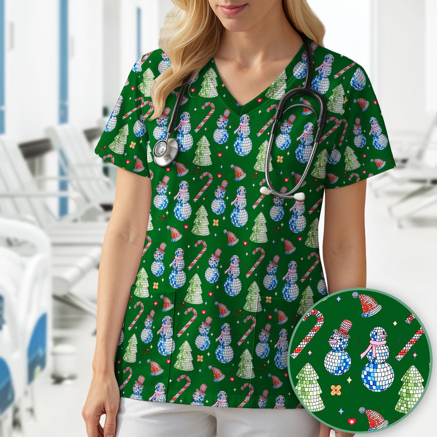 Funny Christmas Snowman Scrub Top for Women - Breathable Fabrics Med Uniform - Comfortable Scrubs for Nurses - Xmas Gift for Her
