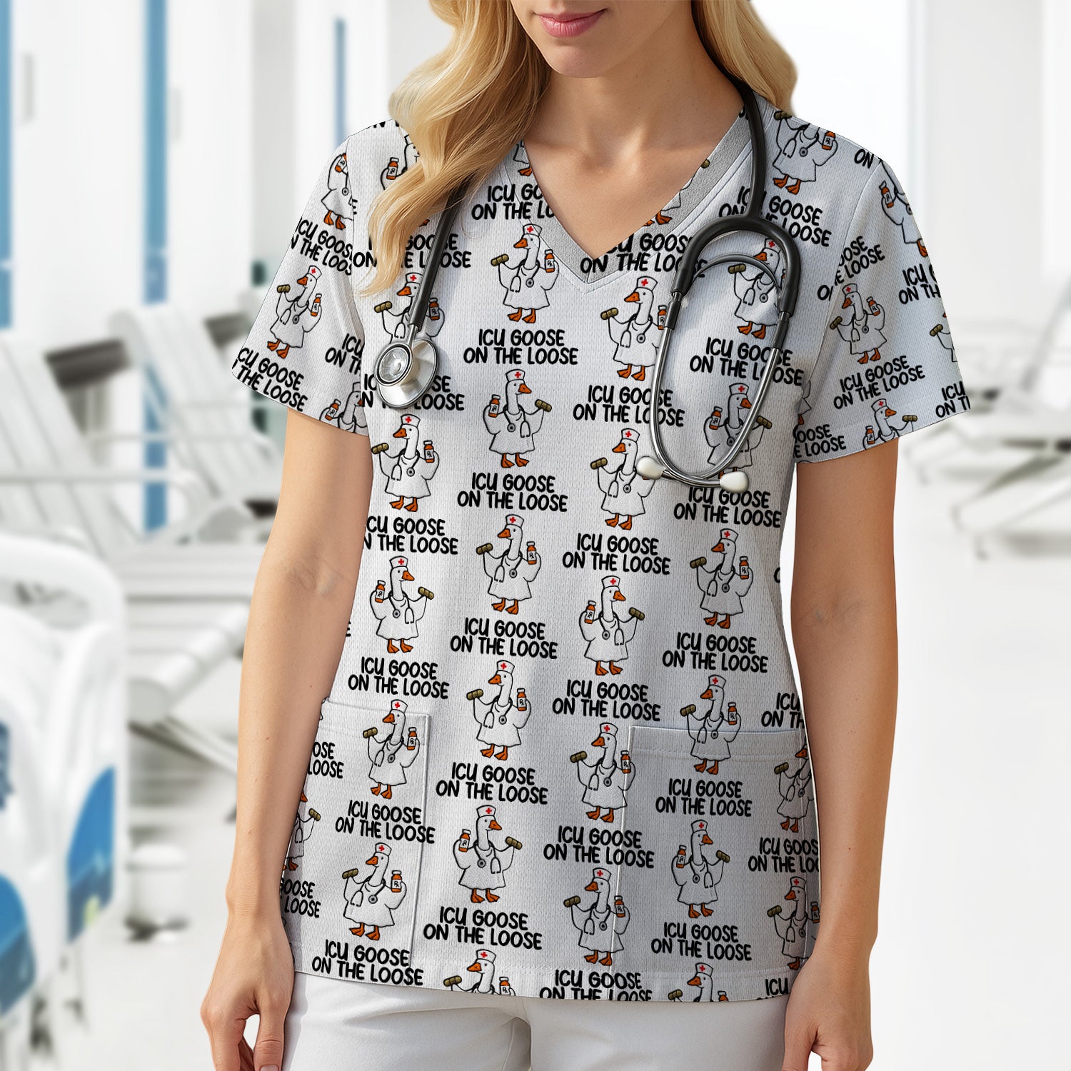 Funny ICU Goose On The Loose Nurse Pattern Scrub Top, Comfortable Scrubs For Nurses