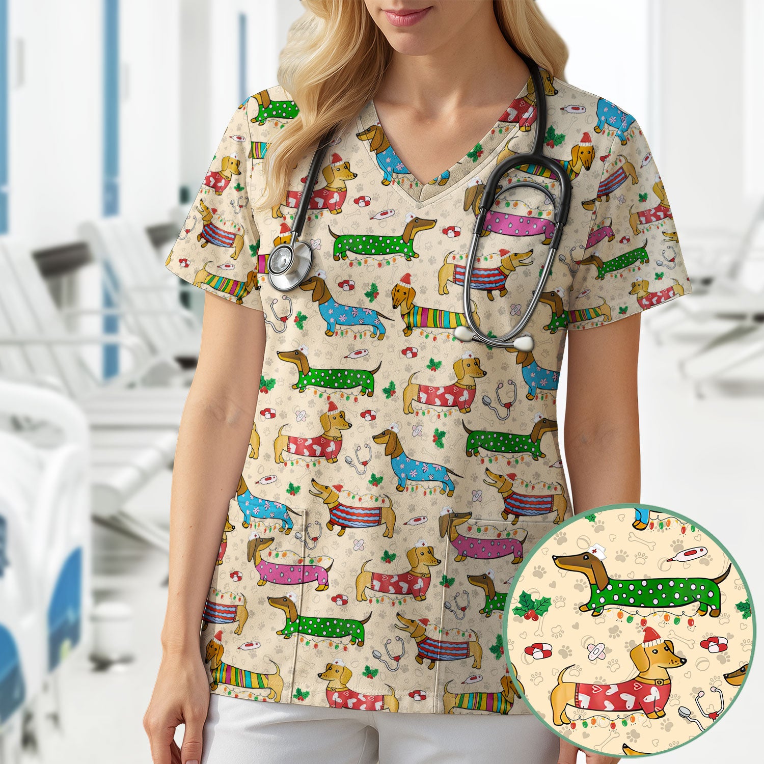 Christmas Dachshund Nurse Scrub Top - Cute Wiener Dog in Holiday Outfit - Funny Medical Shirt Gift for Women RN LPN CNA