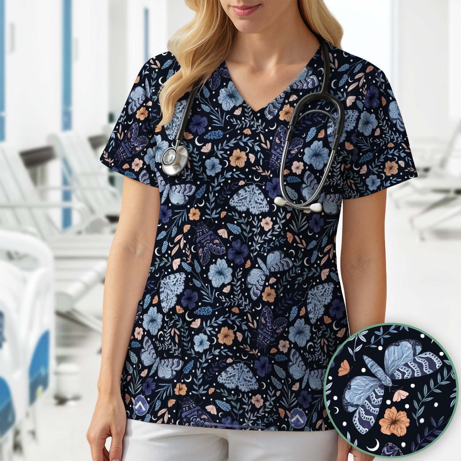 Charming Night Moth Butterfly Floral Pattern Scrub Top, Comfortable Scrubs for Nurses