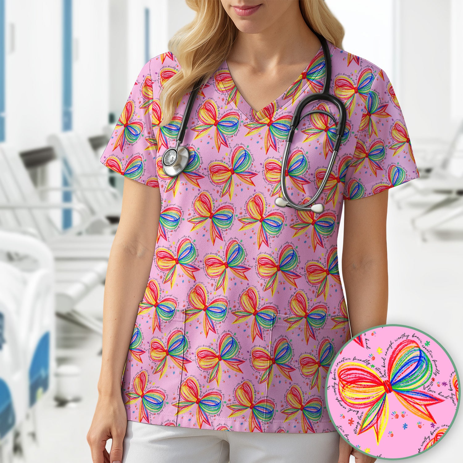 Colorful Rainbow Bow Pattern Scrub Top, Comfortable Scrubs for Nurses