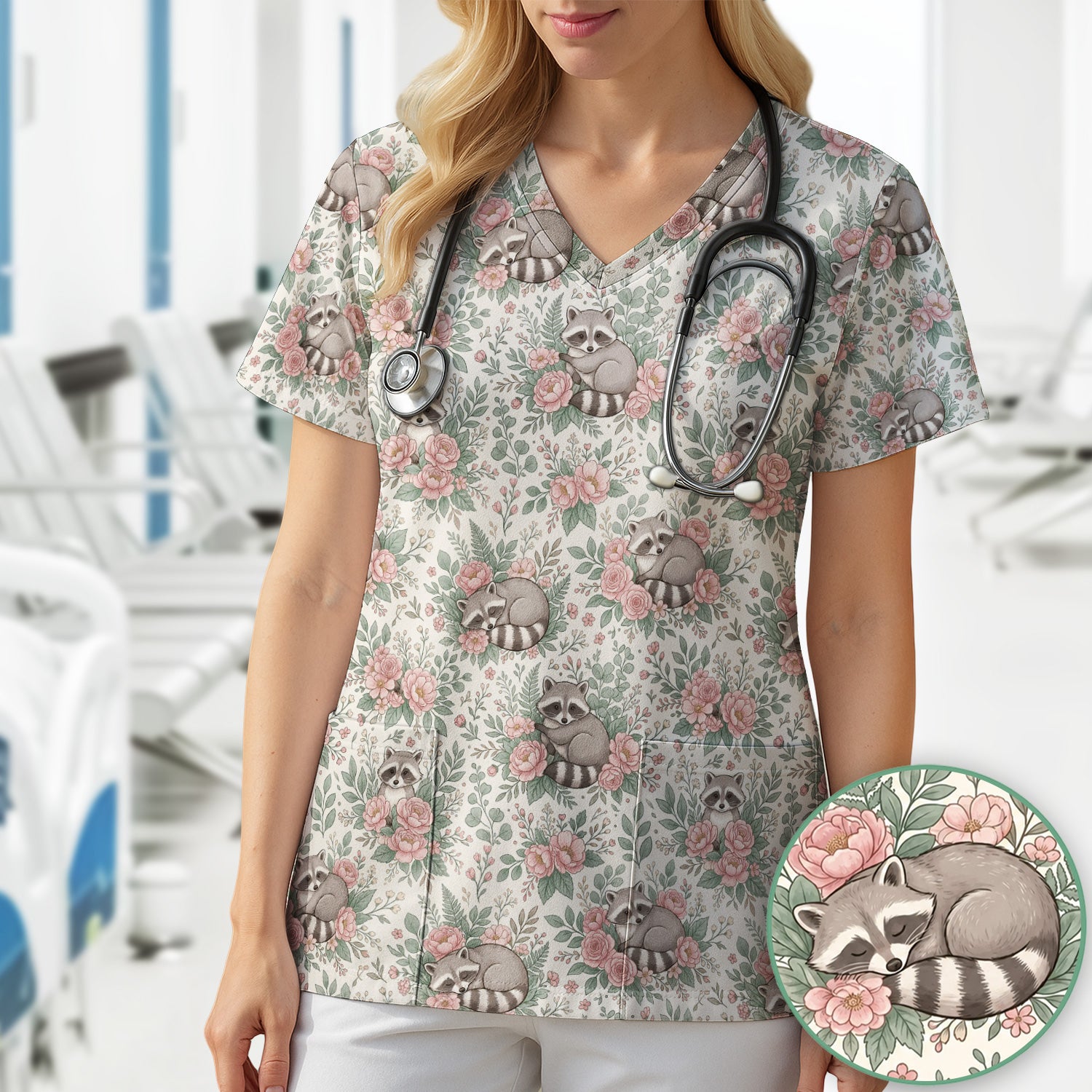 Sleeping Raccoon Rose Garden Pattern Scrub Top, Breathable Fabrics Nursing Uniform