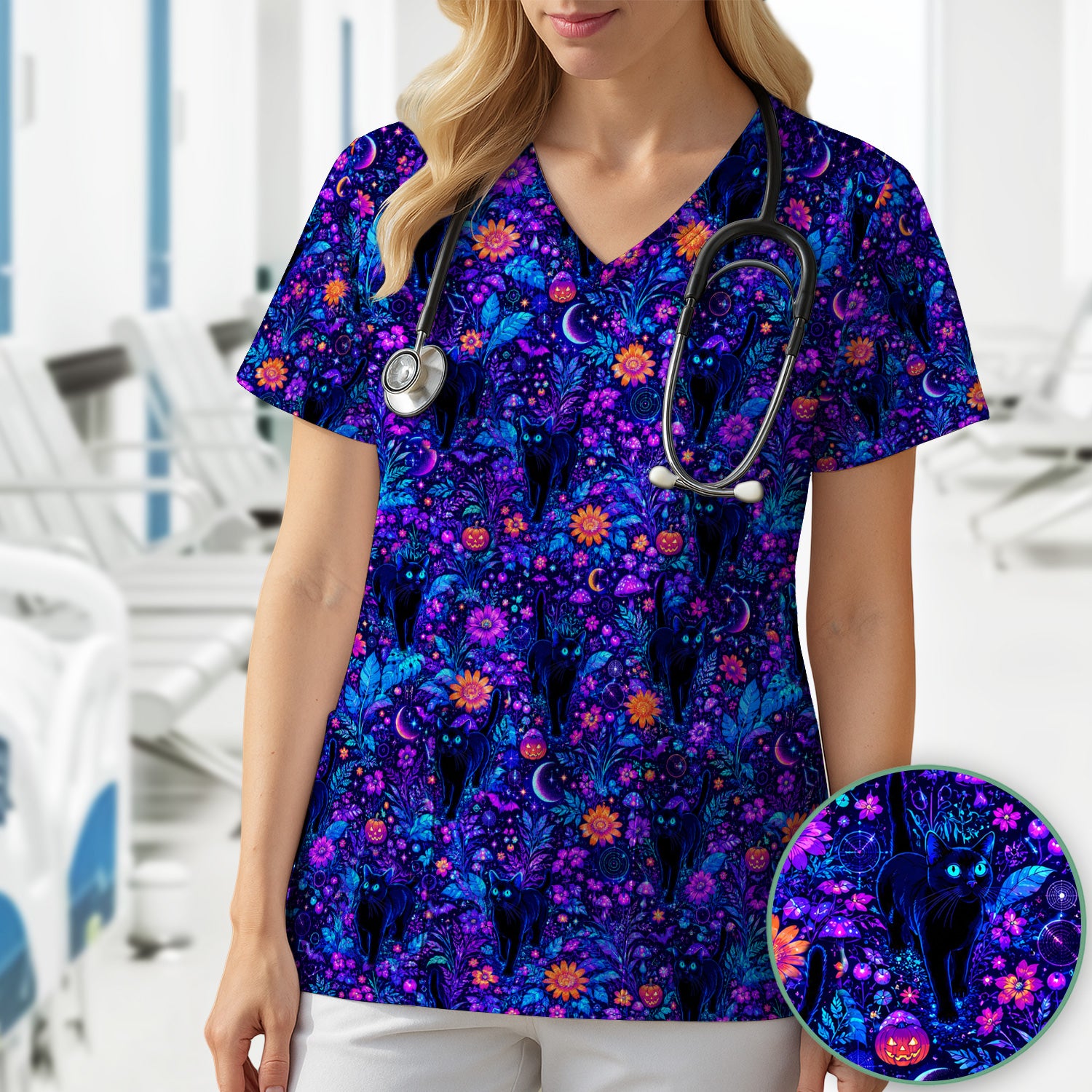 Halloween Black Cat Floral Print Scrub Top, Comfortable Scrubs for Nurses