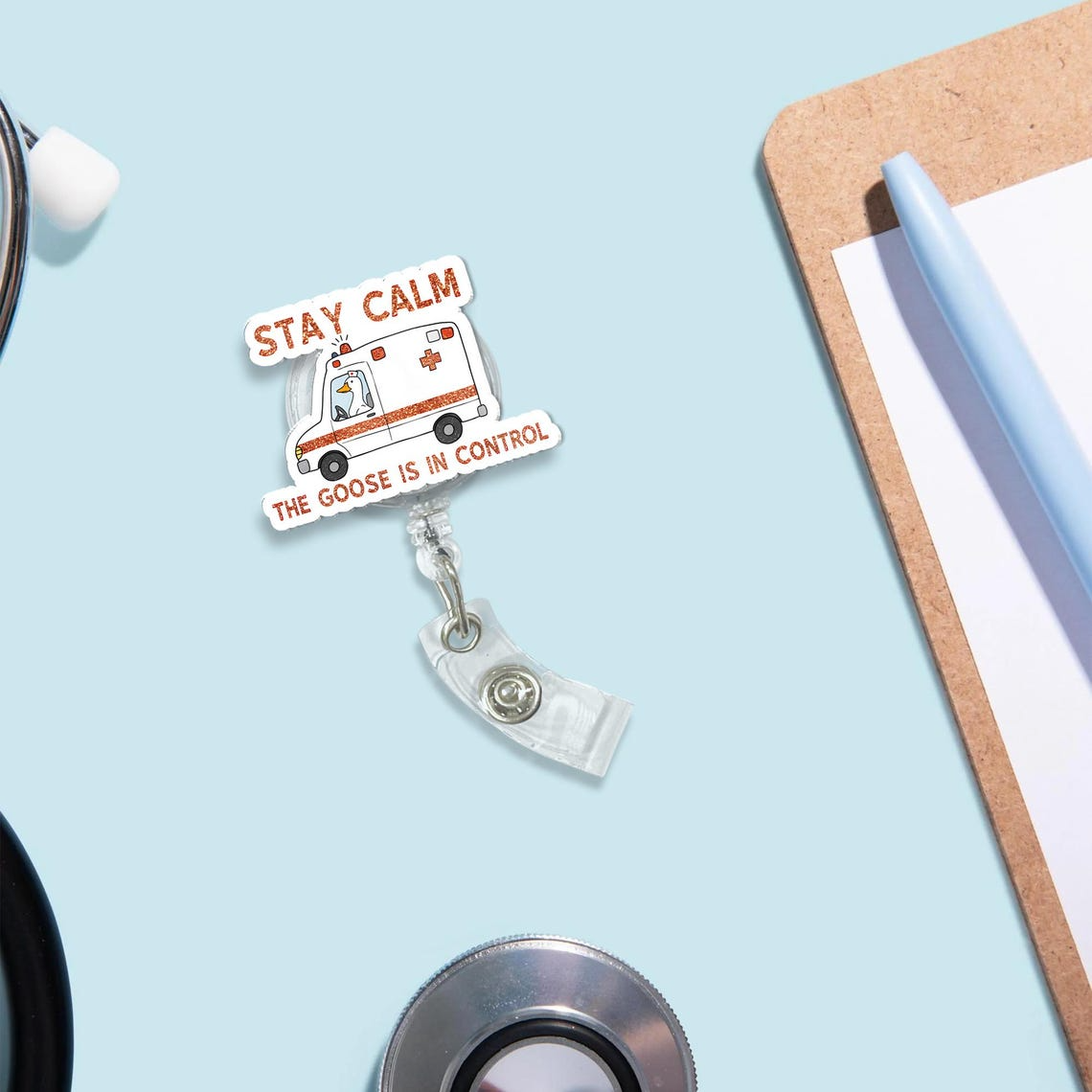Funny Goose Badge Reel, Stay Calm Nurse ID Holder, Retractable Work Badge, RN LPN CNA ER Gift