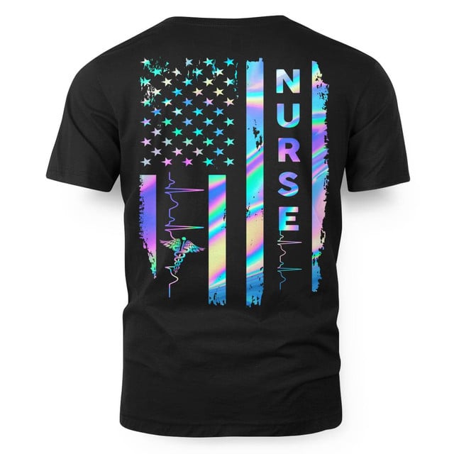 Nurse American Flag Shirt for Women – Holographic USA Stars Stripes with Heartbeat & Caduceus – Patriotic Gift for RN LPN CNA Healthcare Workers