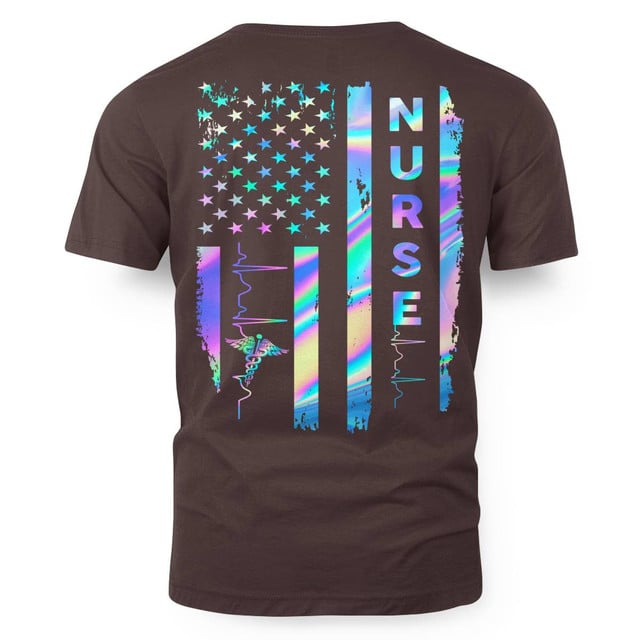 Nurse American Flag Shirt for Women – Holographic USA Stars Stripes with Heartbeat & Caduceus – Patriotic Gift for RN LPN CNA Healthcare Workers