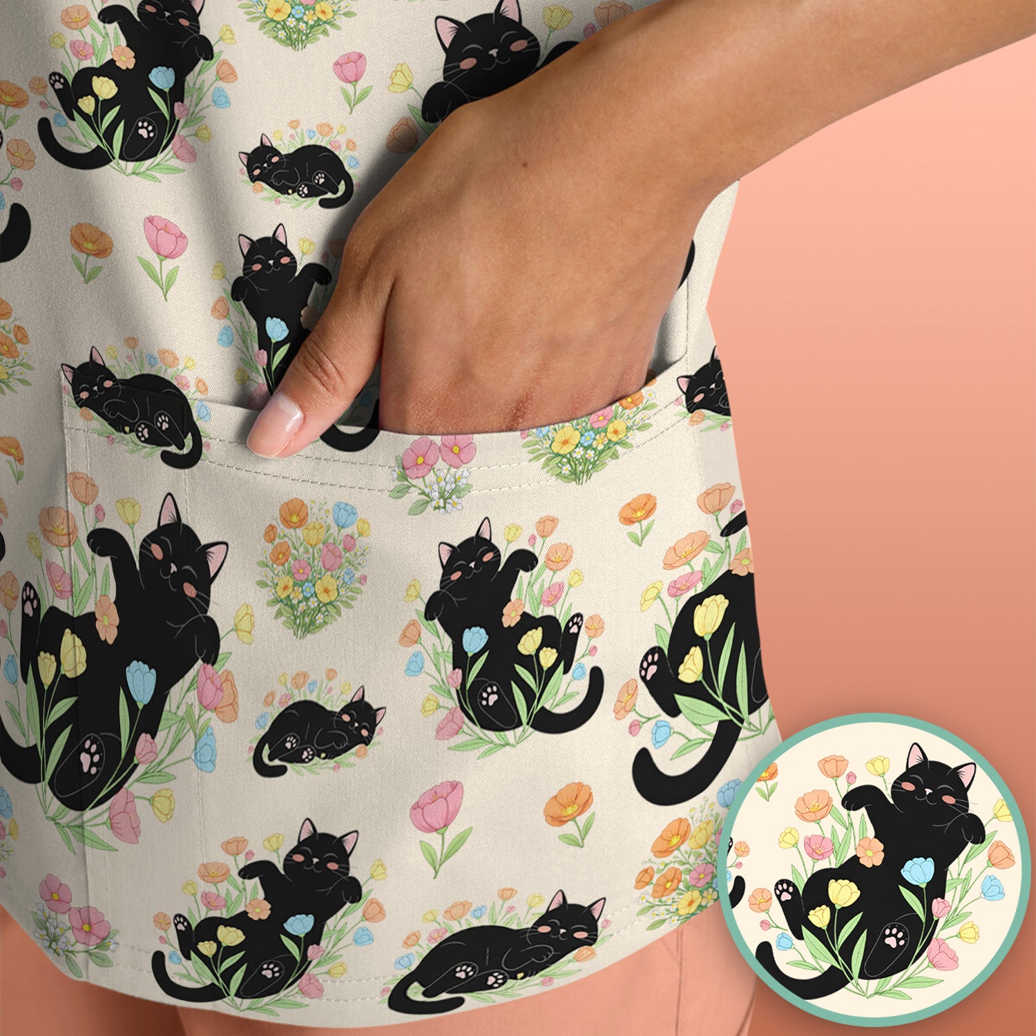 Cats With Cute Poses Floral Pattern Scrubs Top, Comfortable Scrubs for Nurses