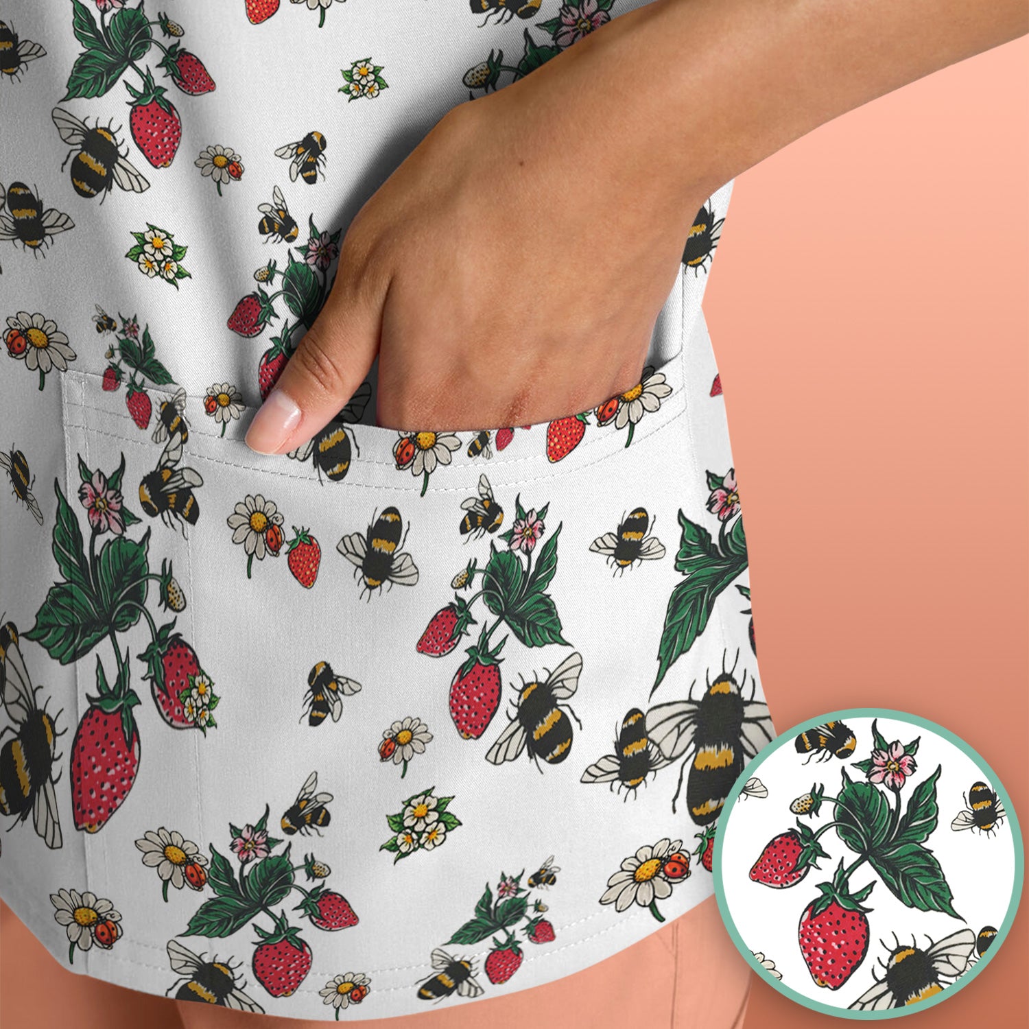 Cute Strawberry Bee Daisy Floral Pattern Scrub Top, Comfortable Scrubs for Nurses