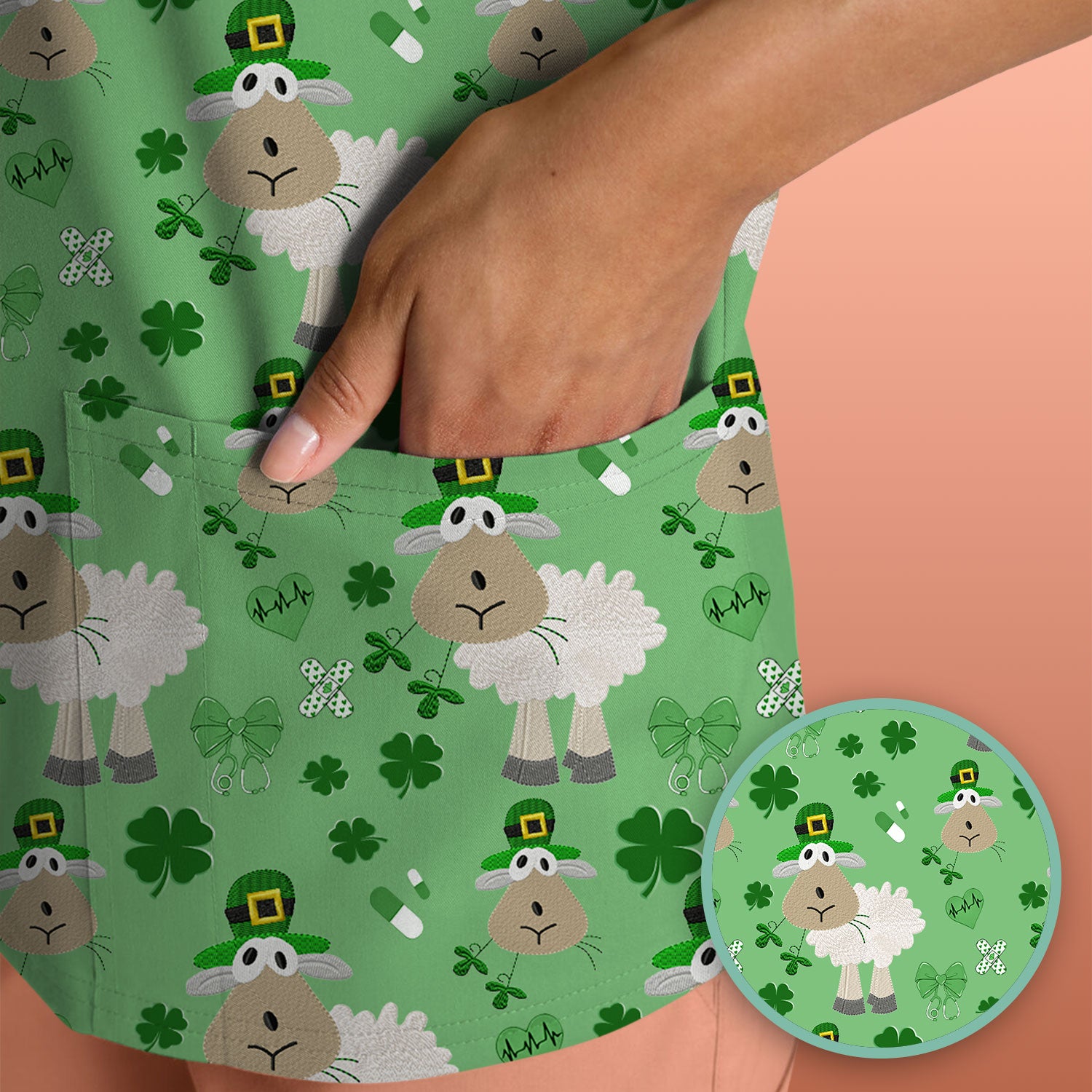 Nurse St. Patrick Scrubs Top, Cute Sheep Shamrock Pattern Nurse Shirt, Breathable Fabrics Nursing Uniform